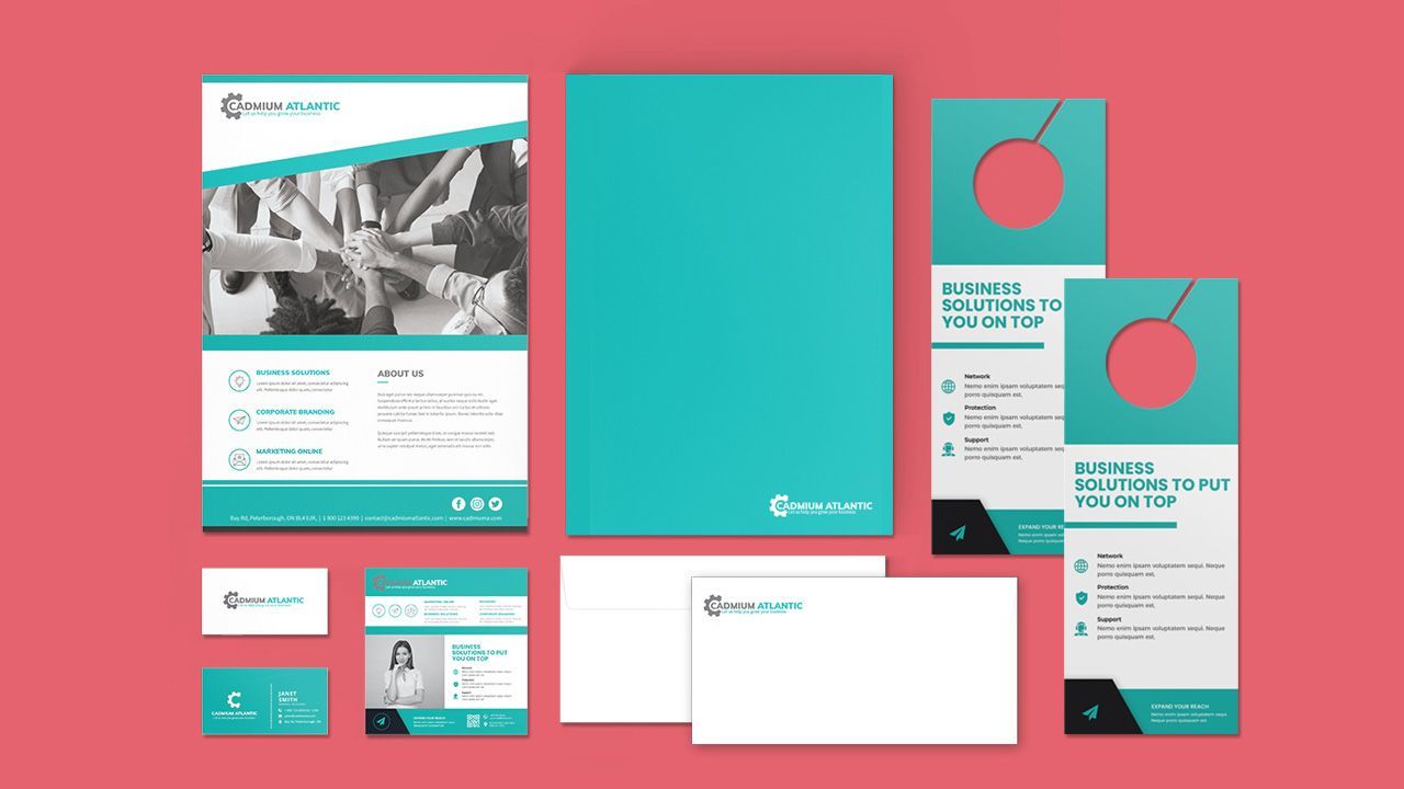A set of business cards , envelopes , brochures , and door hangers on a pink background.