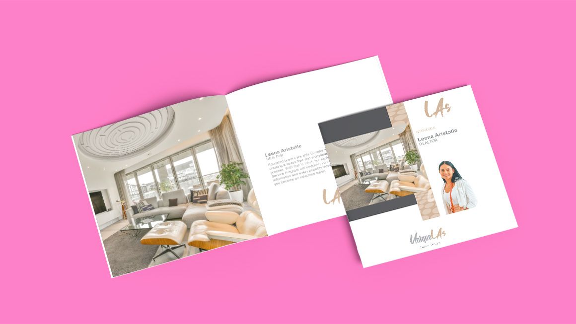 A brochure with a picture of a living room on a pink background.