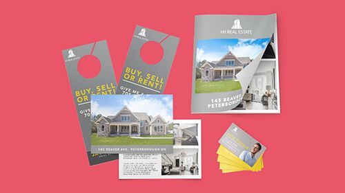 A bunch of real estate advertisements sitting on top of each other on a red background.
