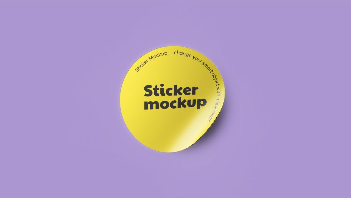 A yellow sticker mockup on a purple background.