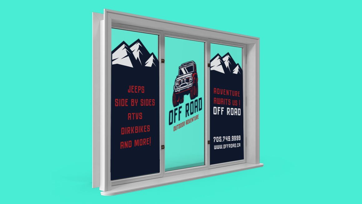 vinyl window graphics of mountains and lettering