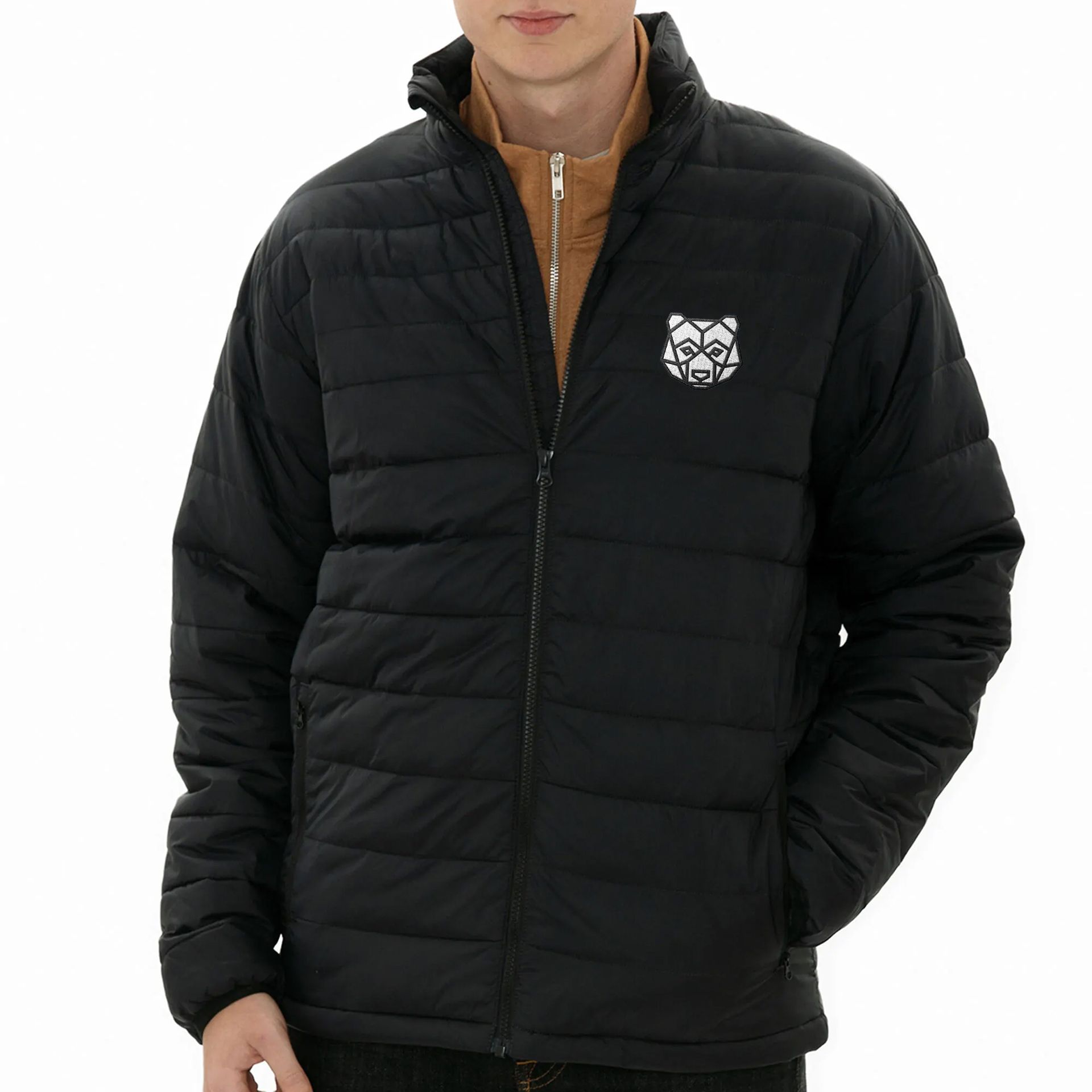 black jacket with an embroidered logo
