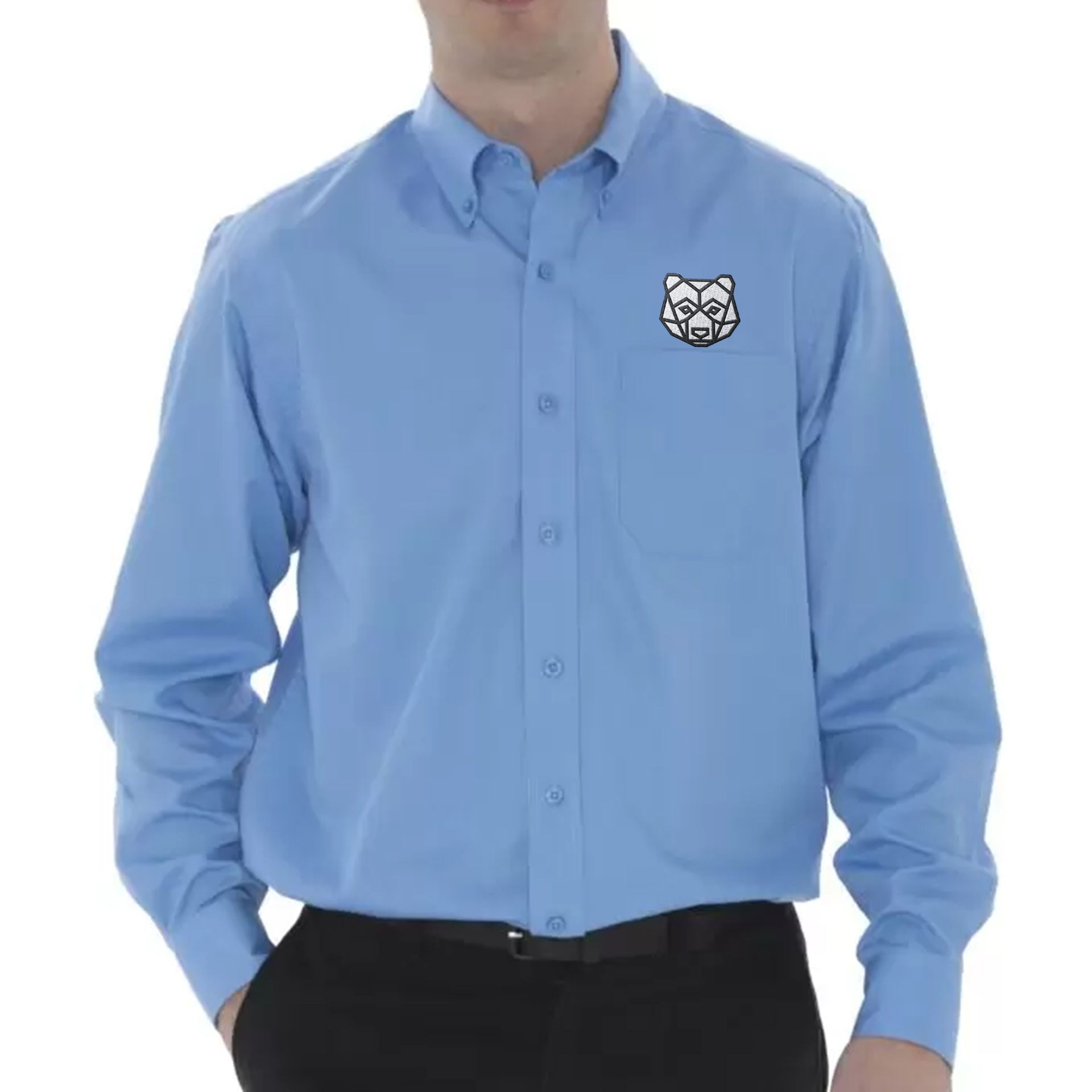light blue woven button-up dress shirt with an embroidered logo