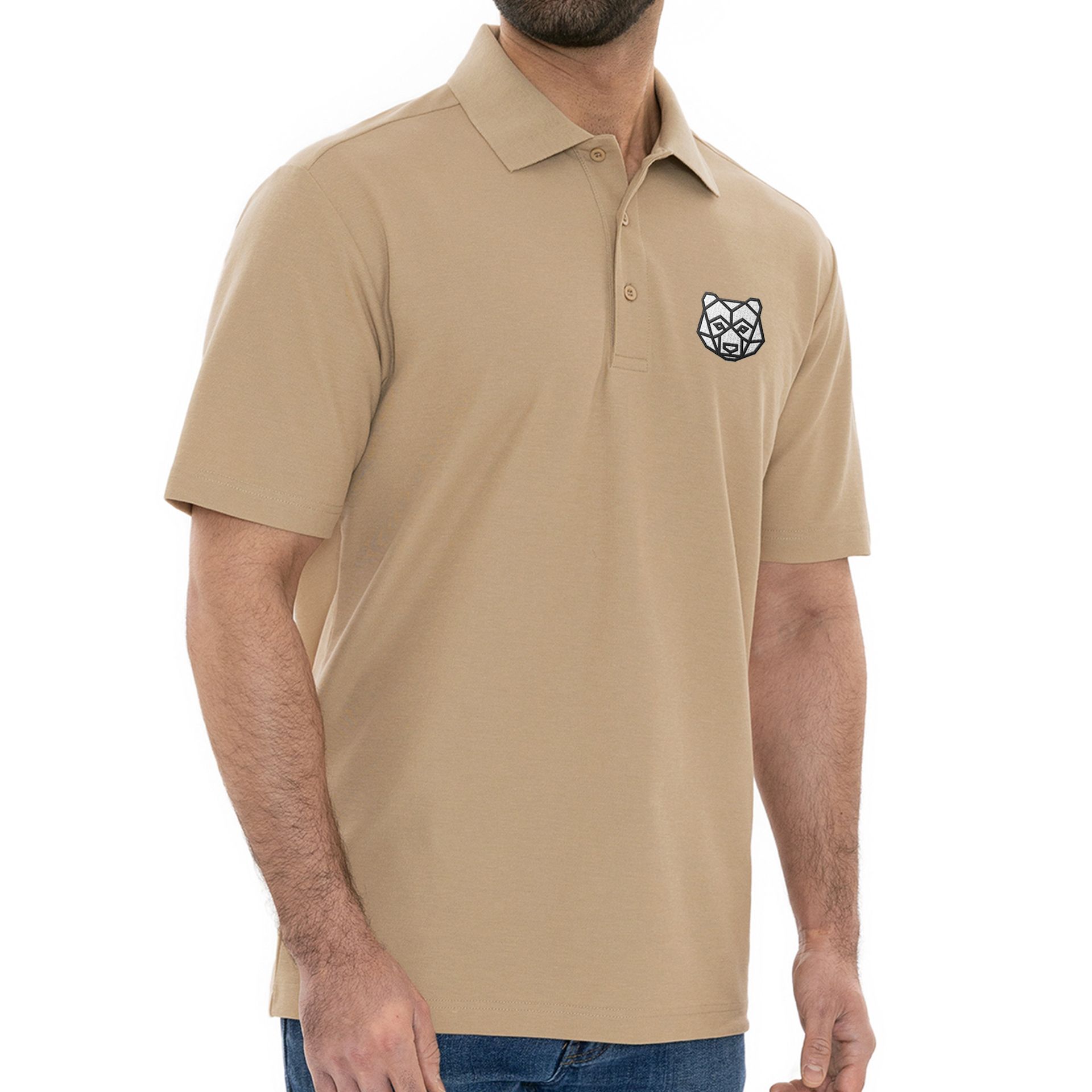 tan short sleeve polo with an embroidered logo