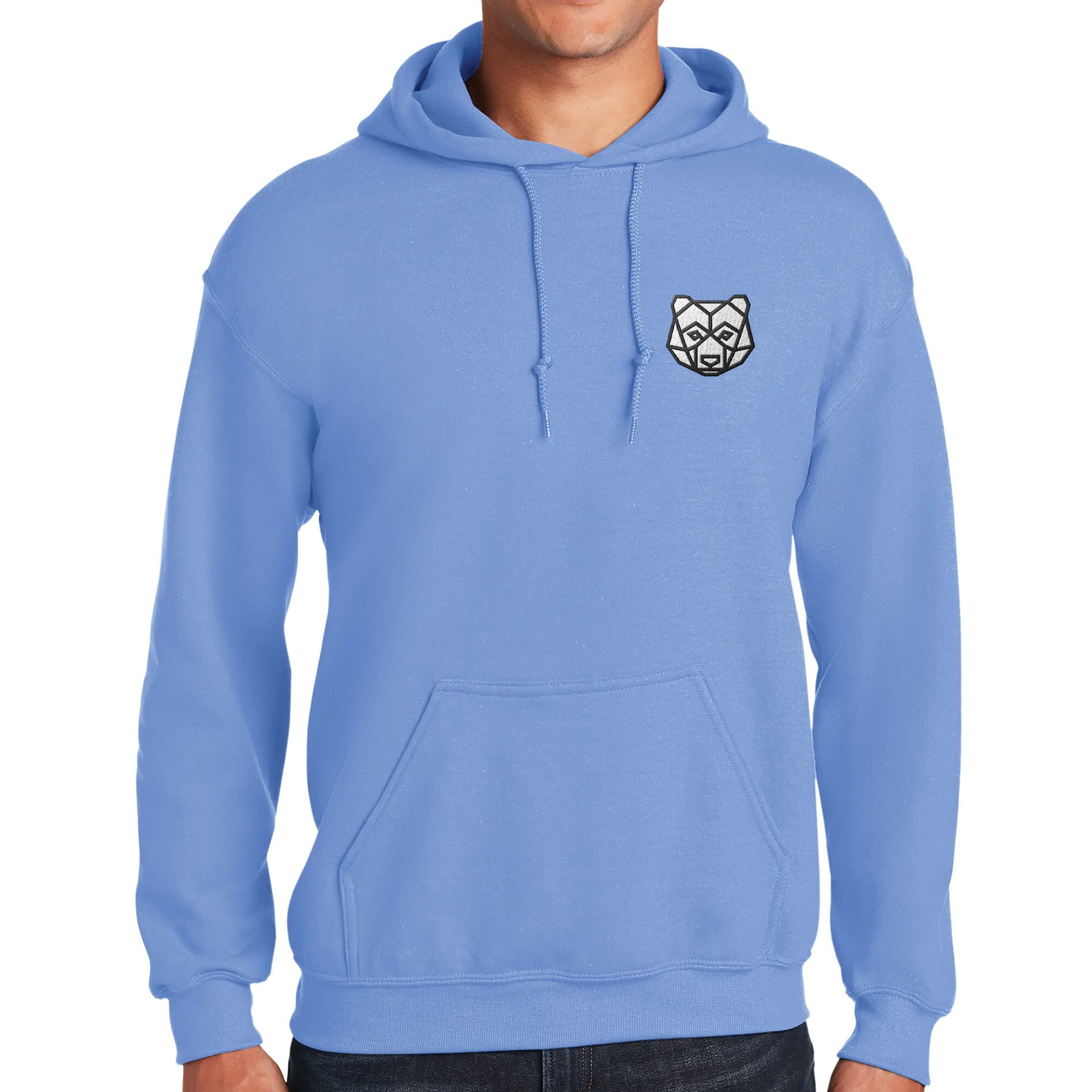 blue pull-over hoodie with an embroidered logo