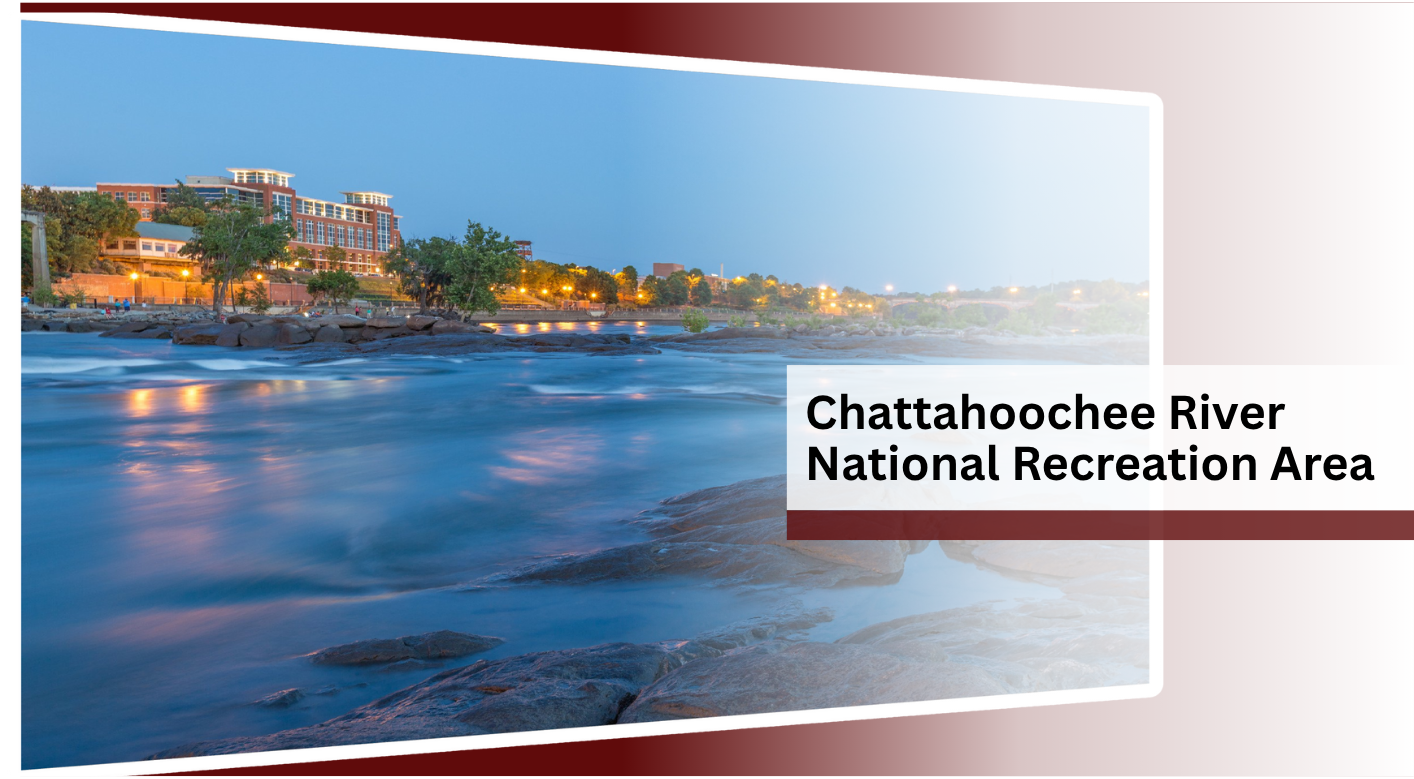 Chattahoochee River National Recreation Area, river with cityscape in background at dusk.