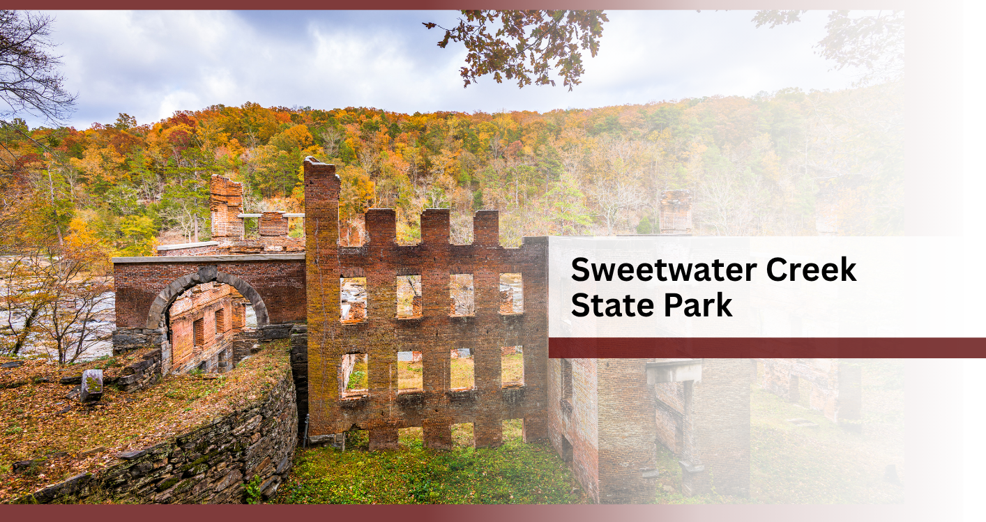 Ruins of the New Manchester Manufacturing Company in Sweetwater Creek State Park, Georgia. Autumn trees.