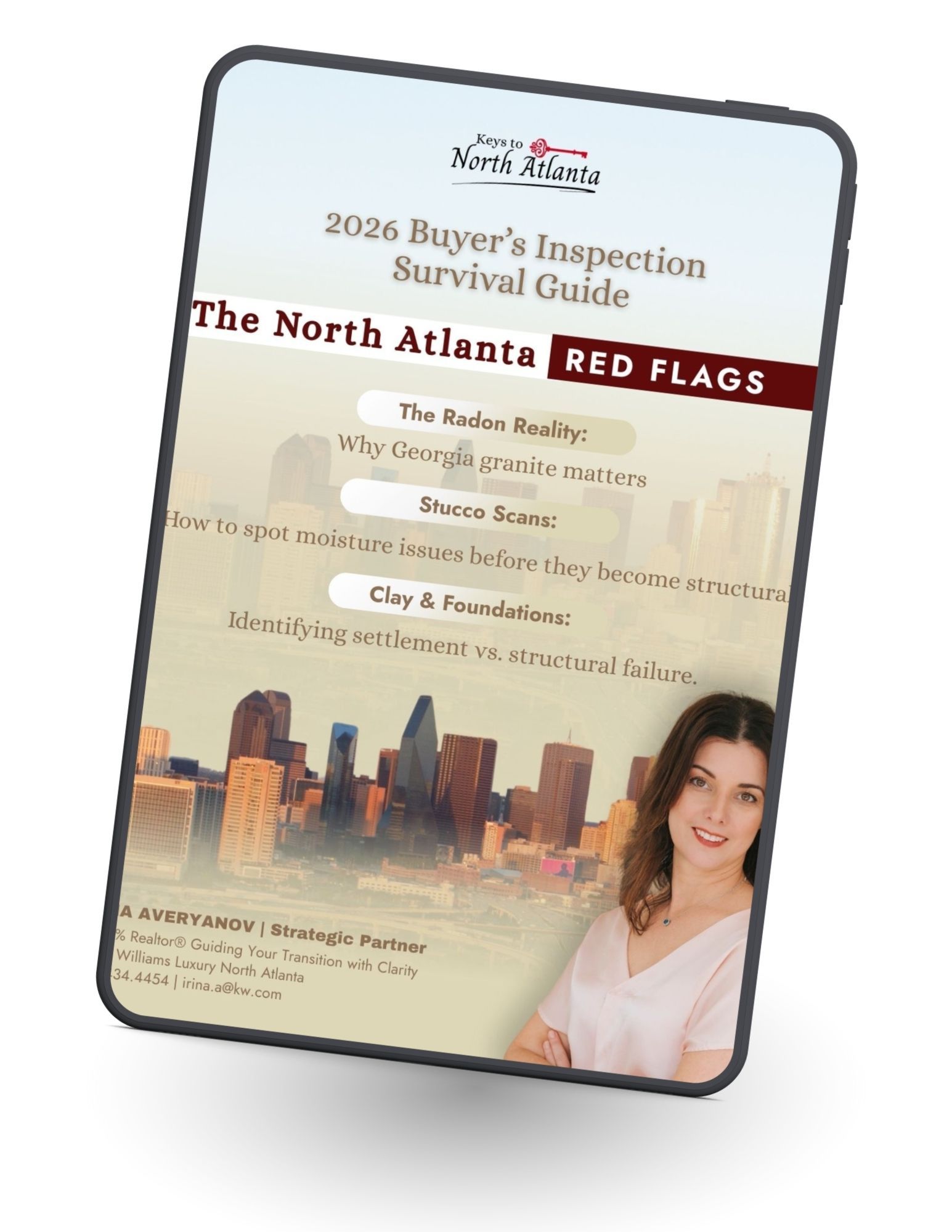 Tilted flyer for “2026 Buyer’s Inspection Survival Guide” with Atlanta skyline and red flags text