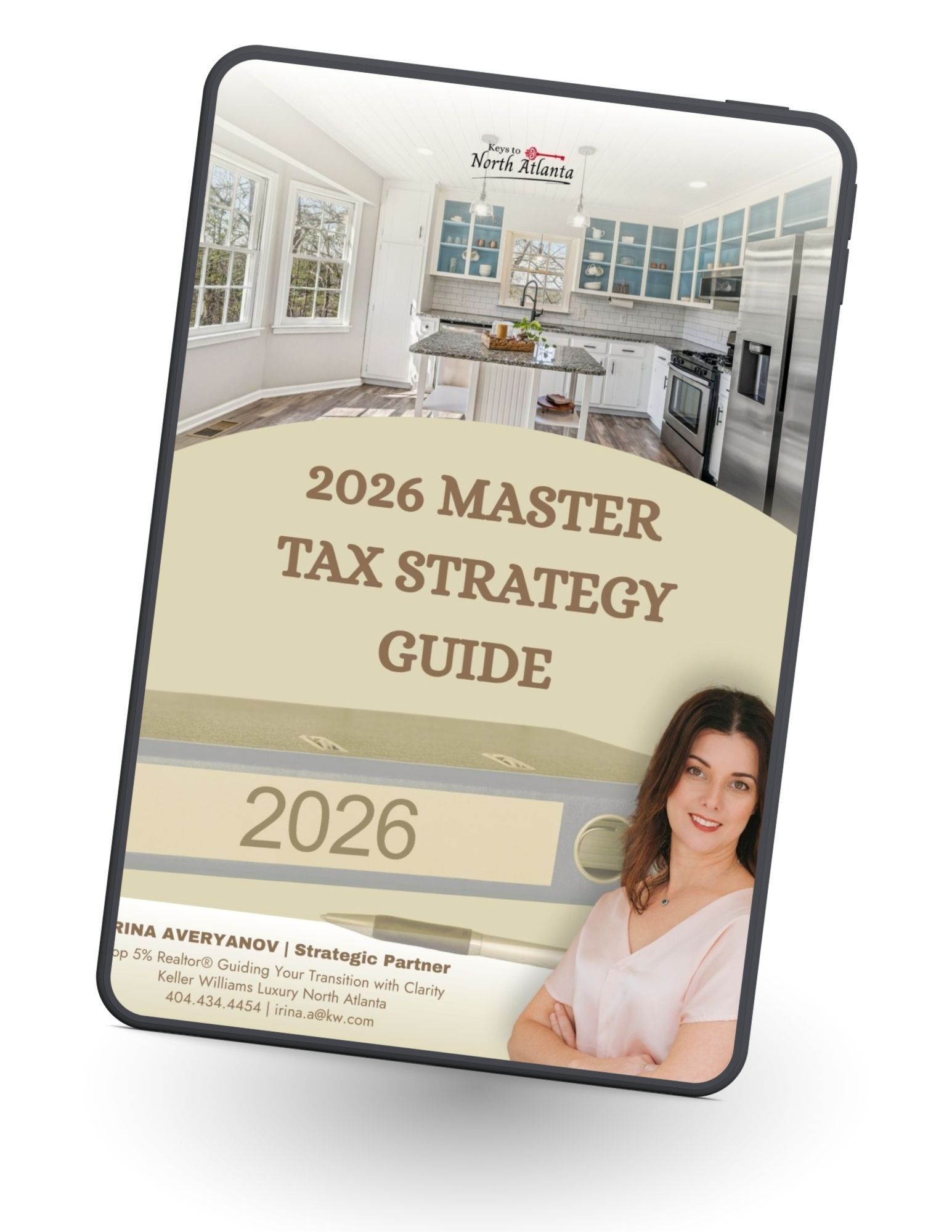 2026 Master Tax Strategy Guide cover with kitchen scene and smiling woman in lower right
