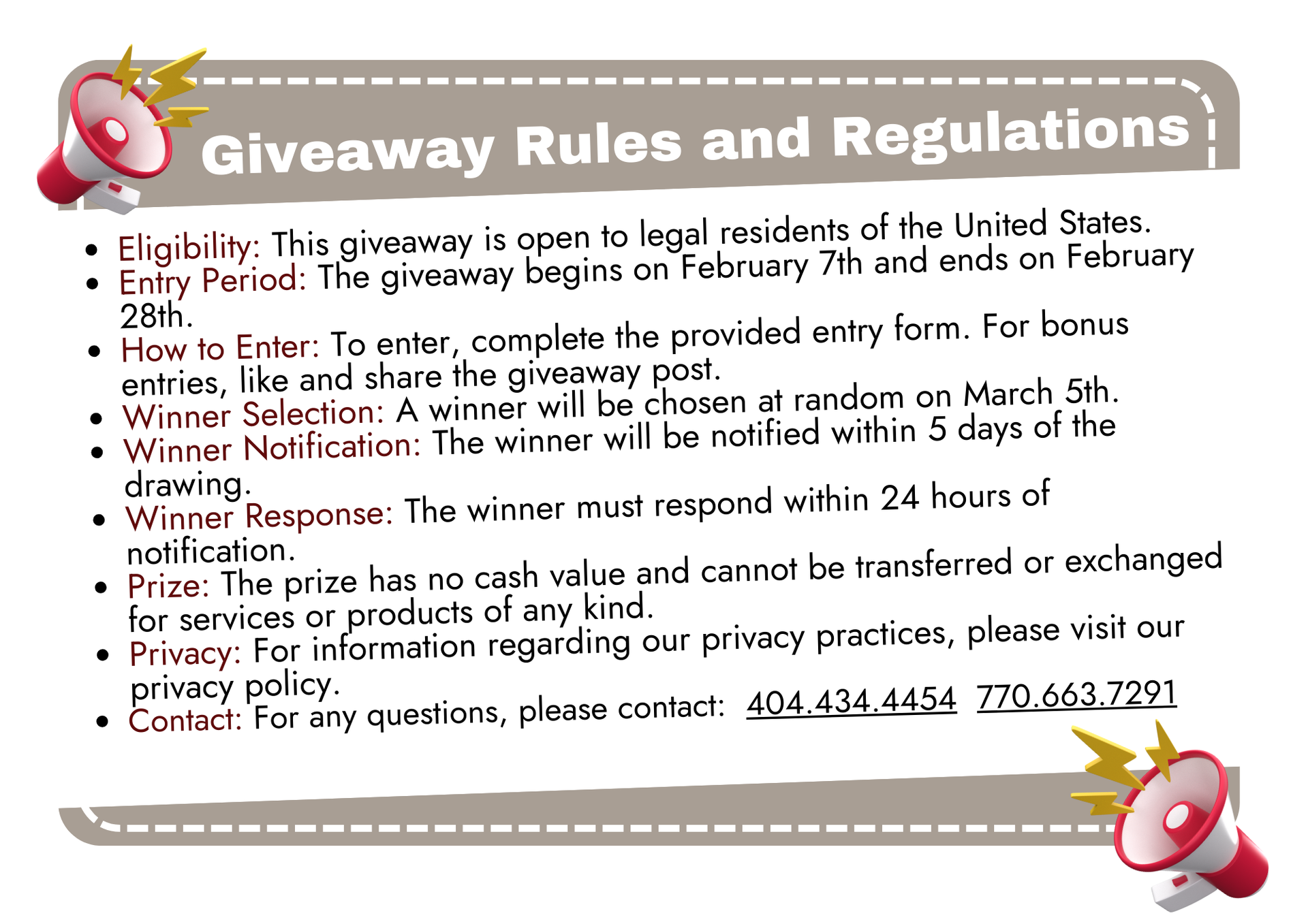 Giveaway rules: eligibility for US residents, entry form required, winner chosen March 5th, prize has no cash value.