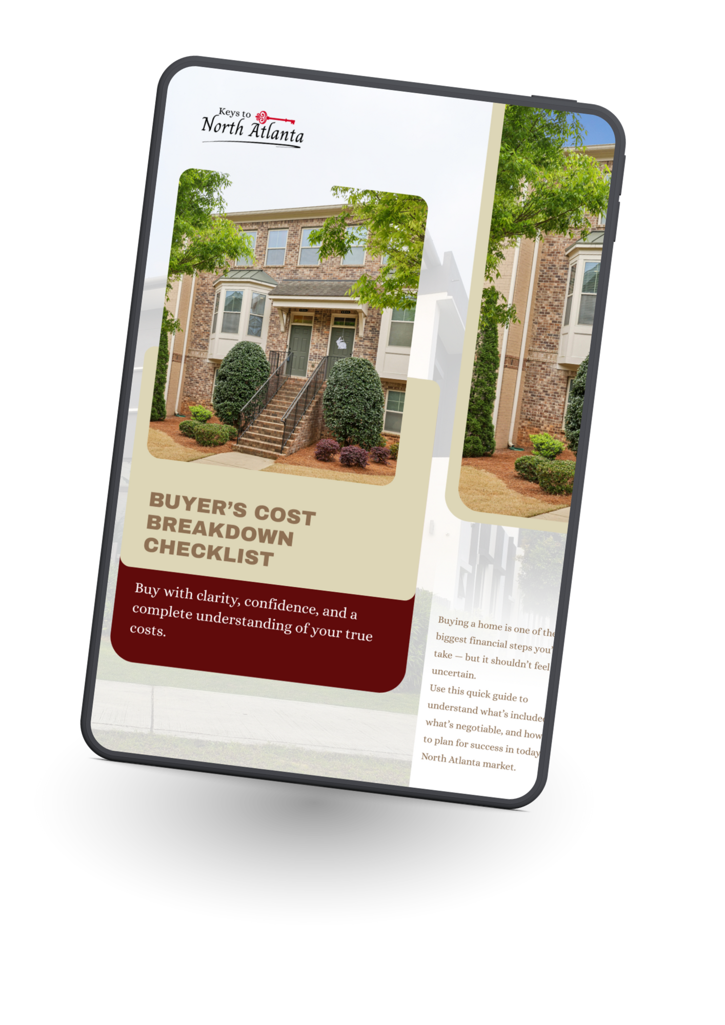 Phone mockup showing a real estate buyer’s checklist cover with a house photo and maroon accent