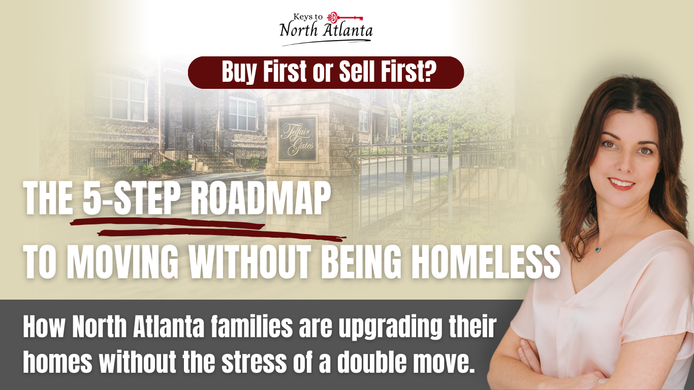 Woman in front of a real estate graphic. Text reads