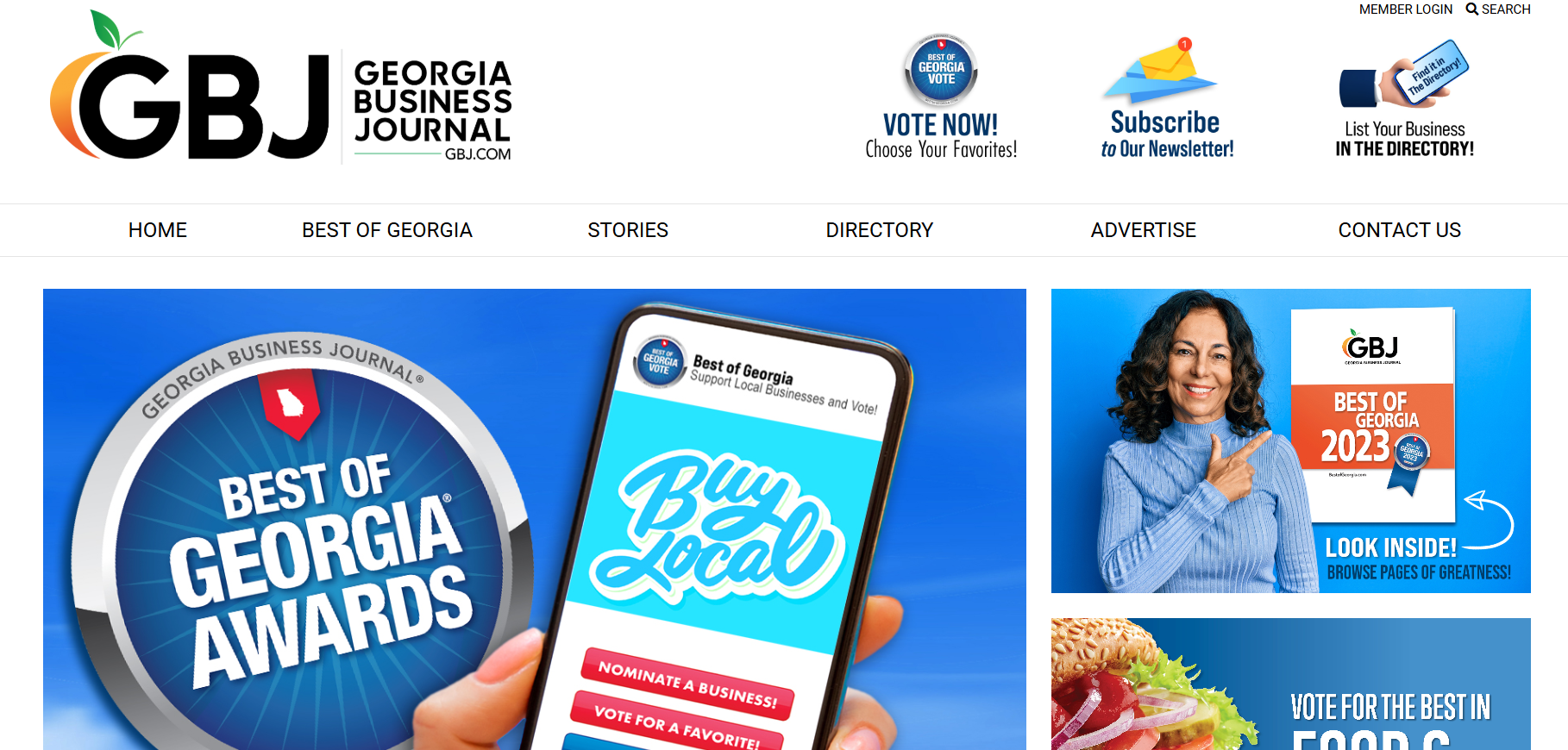 GBJ Georgia Business Journal website screenshot. Awards, buy local app on phone, smiling woman.
