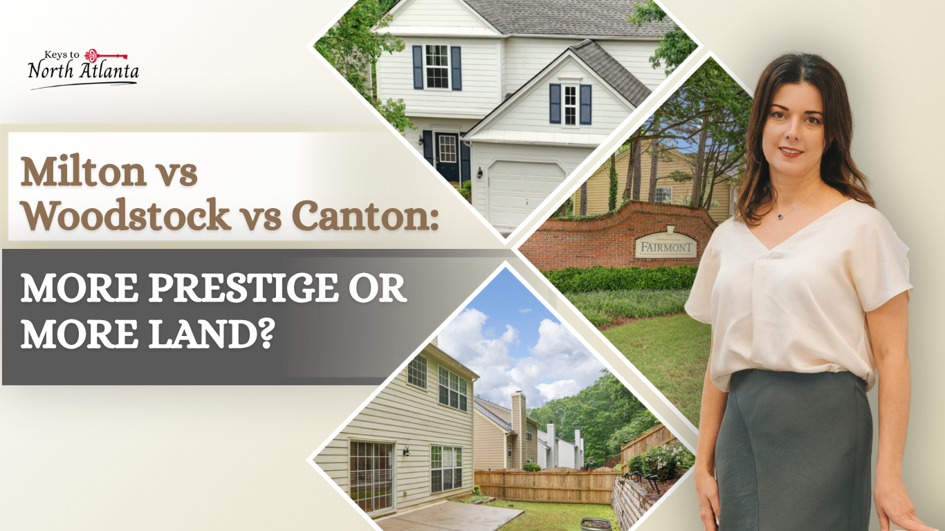Real estate promo for Cumming vs Suwanee vs Sugar Hill with “Where does your money go further?” text and home photos