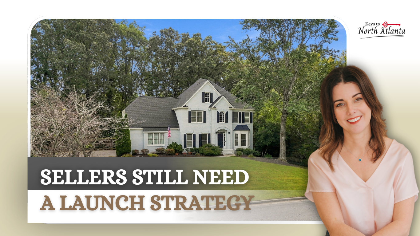 House with “Sellers Still Need a Launch Strategy” text and a smiling realtor portrait