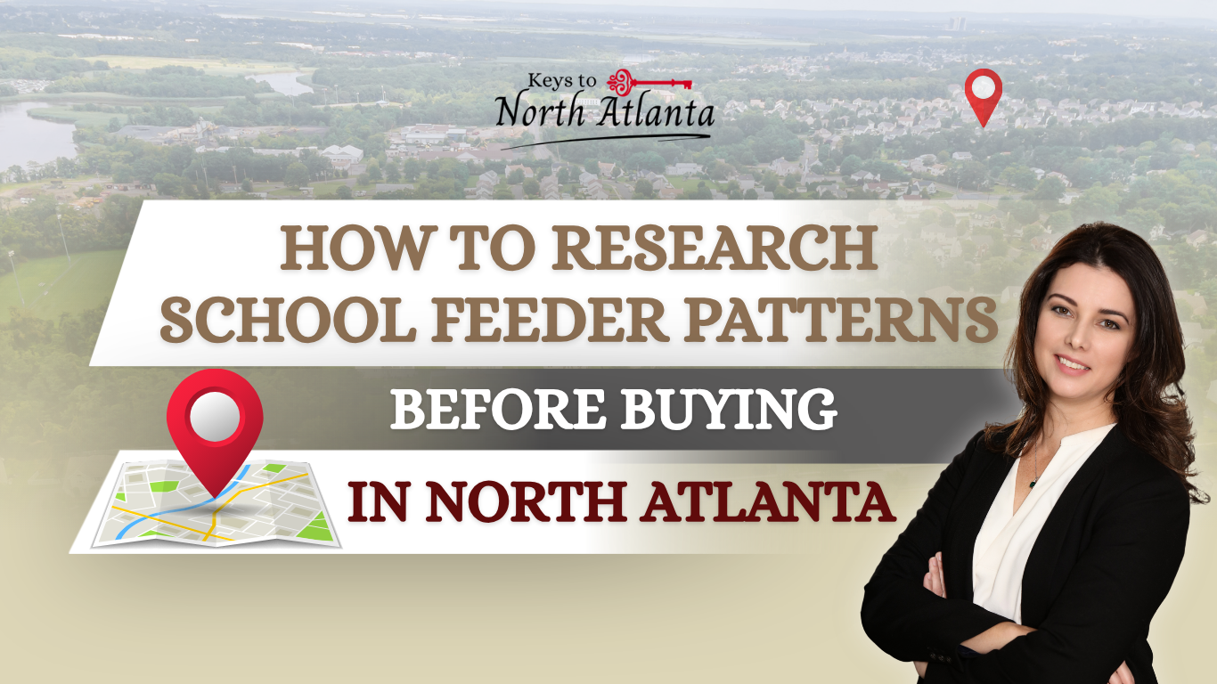Graphic about researching school feeder patterns before buying in North Atlanta, with map pins and a woman on the right