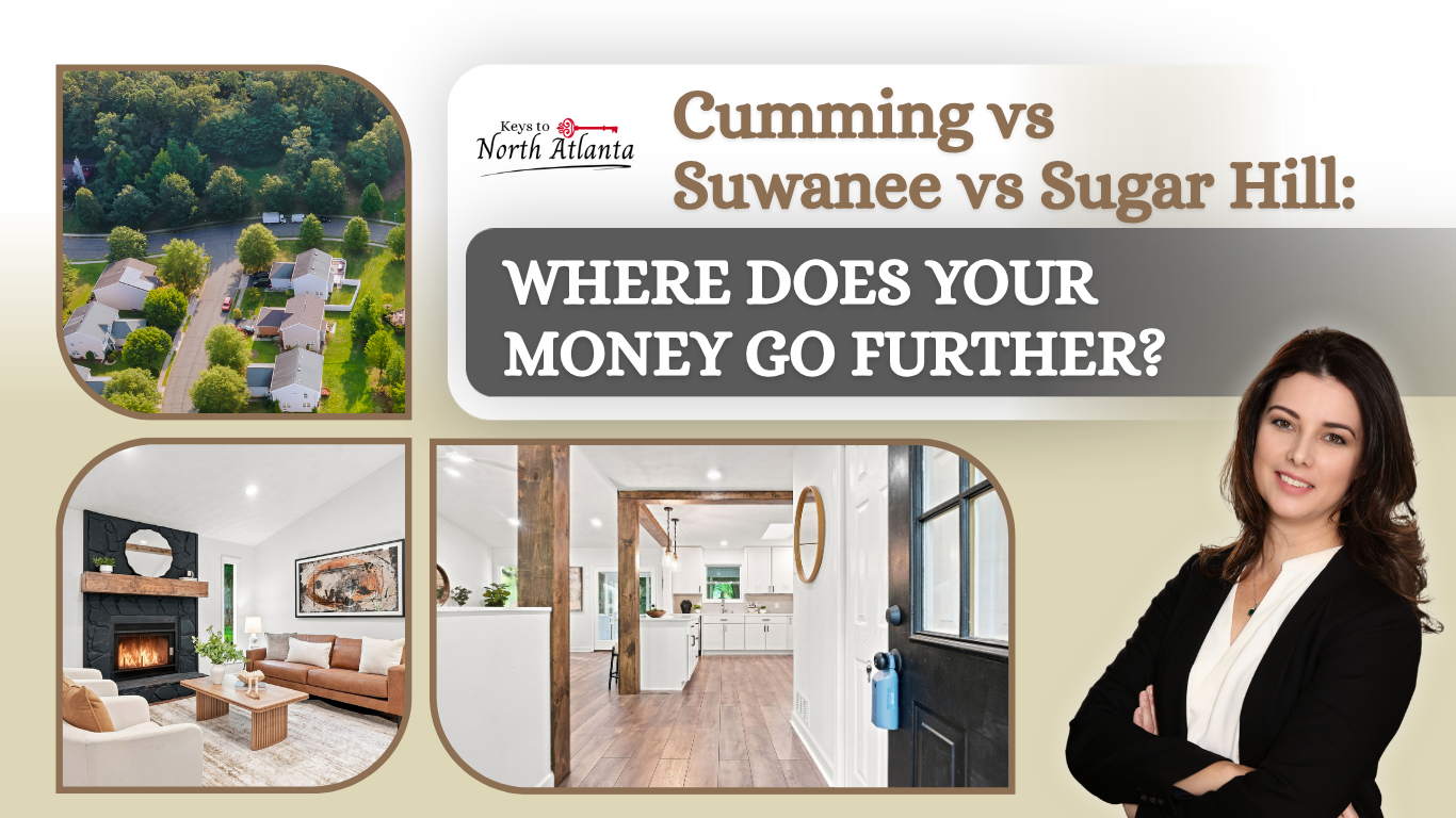 Cumming vs Suwanee vs Sugar Hill housing ad with bold text and a woman on the right, plus home interiors and neighborhood views
