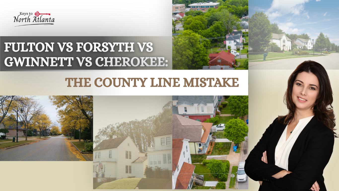 Collage for “Fulton vs Forsyth vs Gwinnett vs Cherokee: The County Line Mistake” with homes, roads, and a woman in a blazer