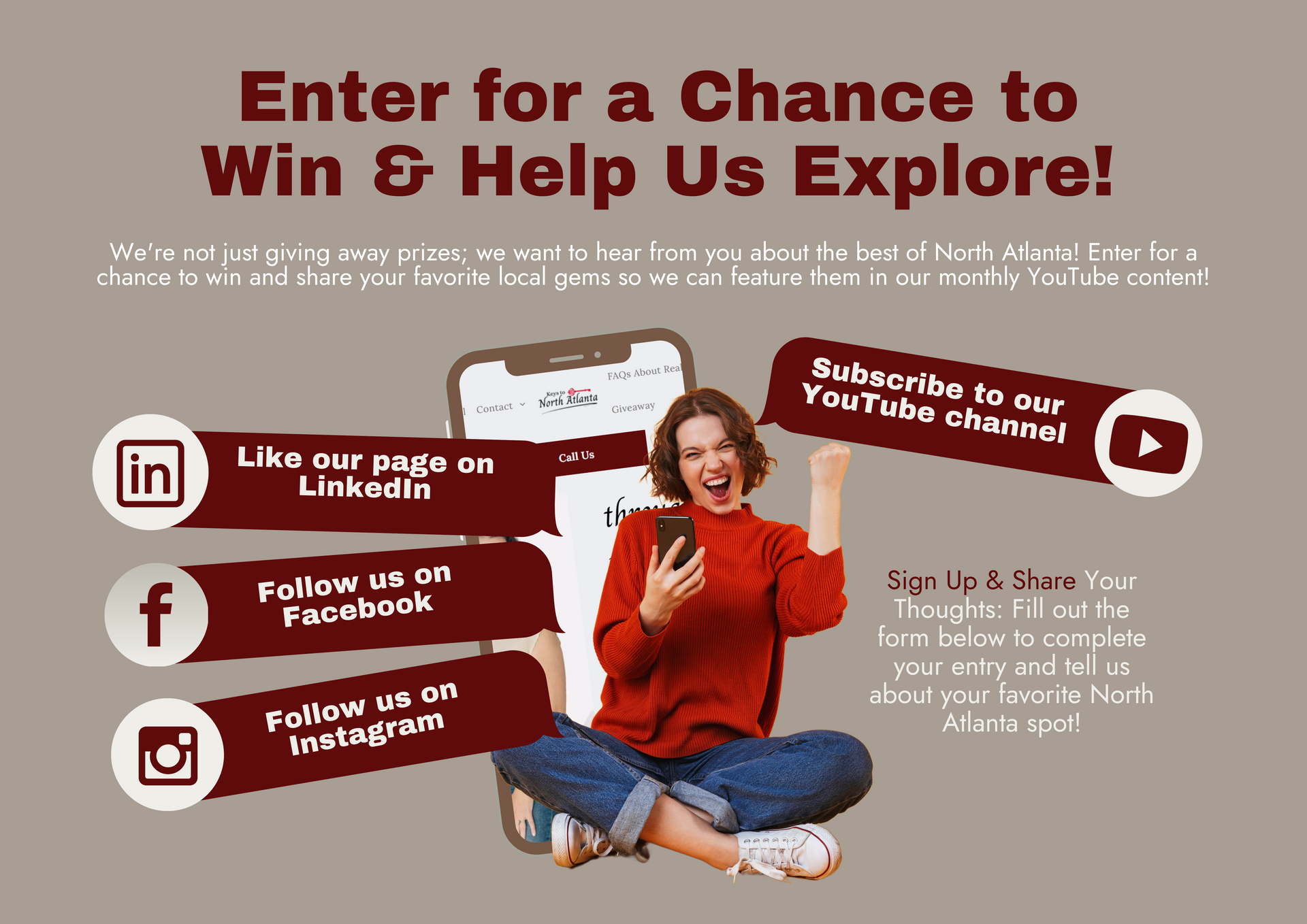 Woman with phone, promoting social media contest.