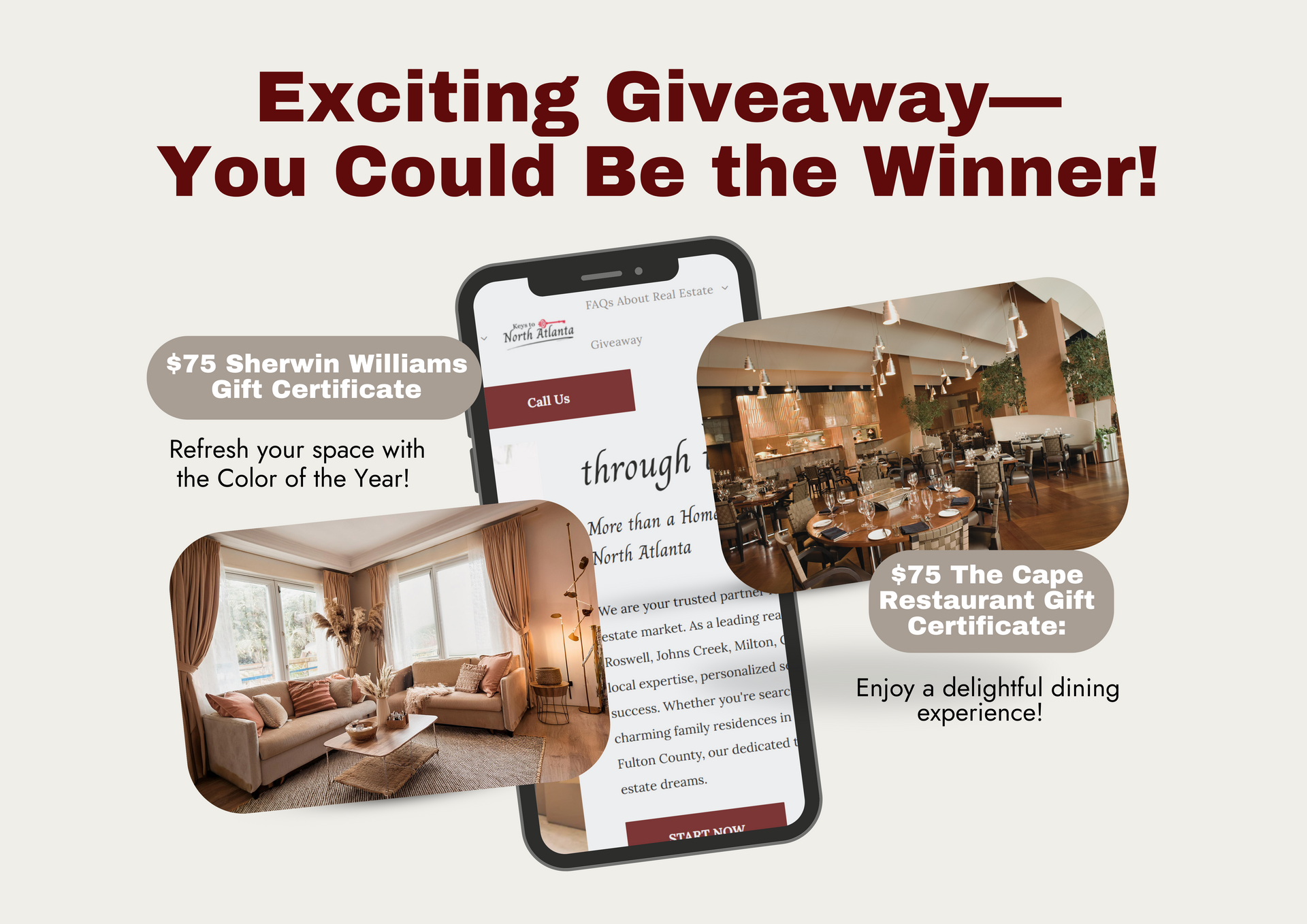 Giveaway graphic: $75 gift certificates to Sherals Williams and The Cape Restaurant. Phone displays a website.