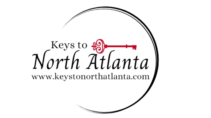 Logo for Keys to North Atlanta: Black circle around text and a red key. Website: keystonorthatlanta.com.