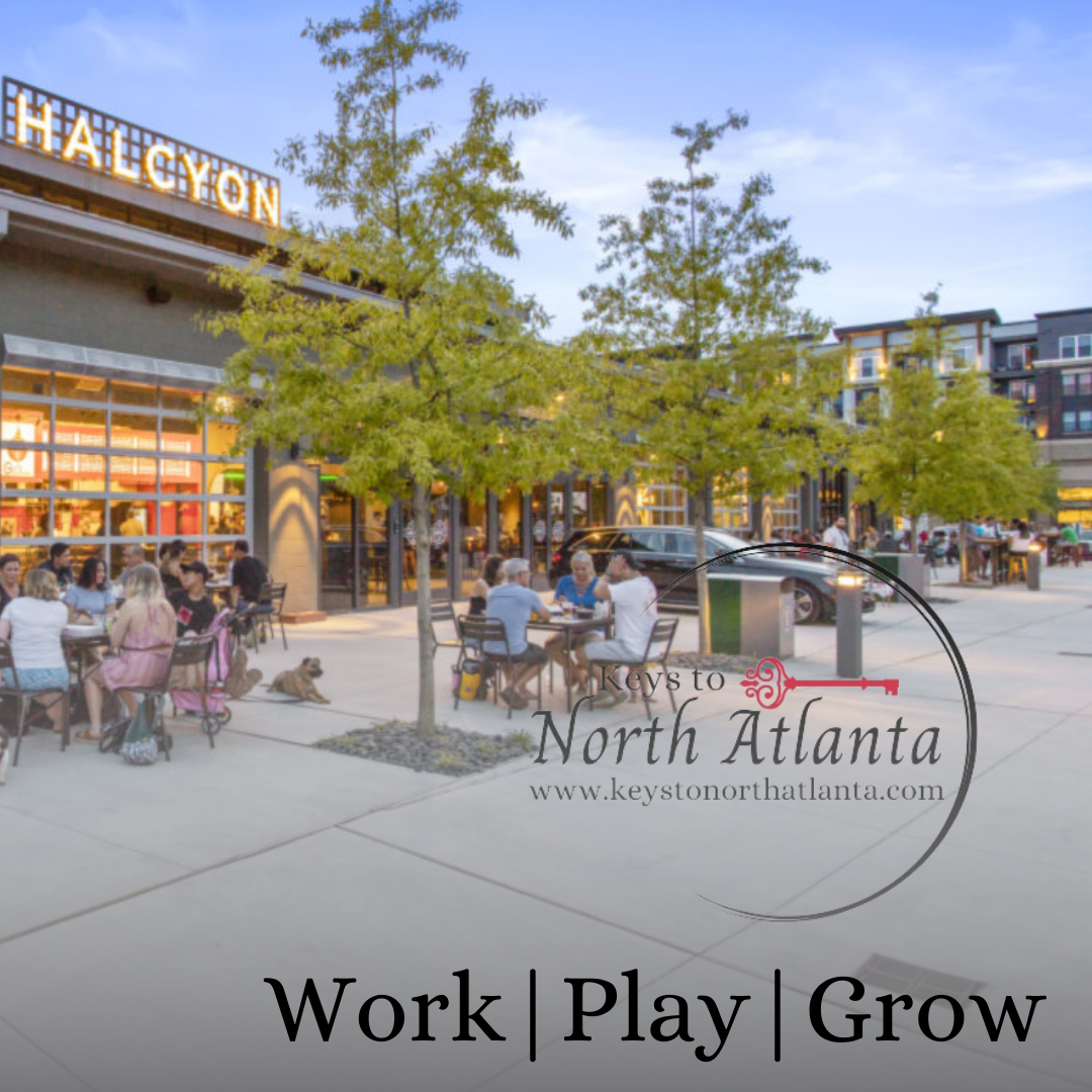 People dining and socializing outdoors at Halcyon, a mixed-use development with shops and apartments in North Atlanta.