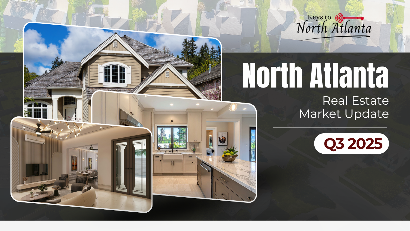 North Atlanta Real Estate Market Update, Q3 2025: houses, kitchen, living room, logo, and text on a dark background.