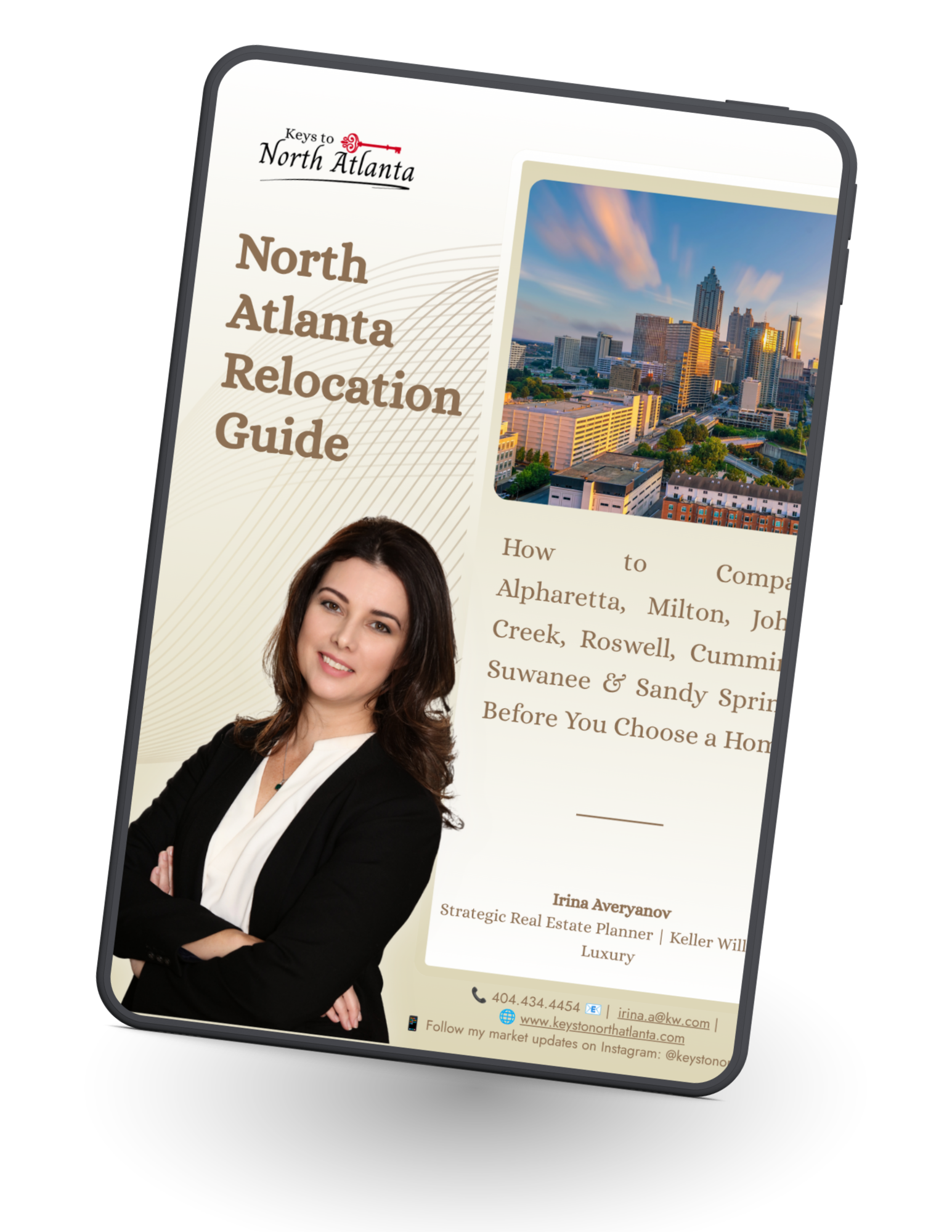North Atlanta Relocation Guide ebook cover with city skyline, woman in black blazer, and beige background