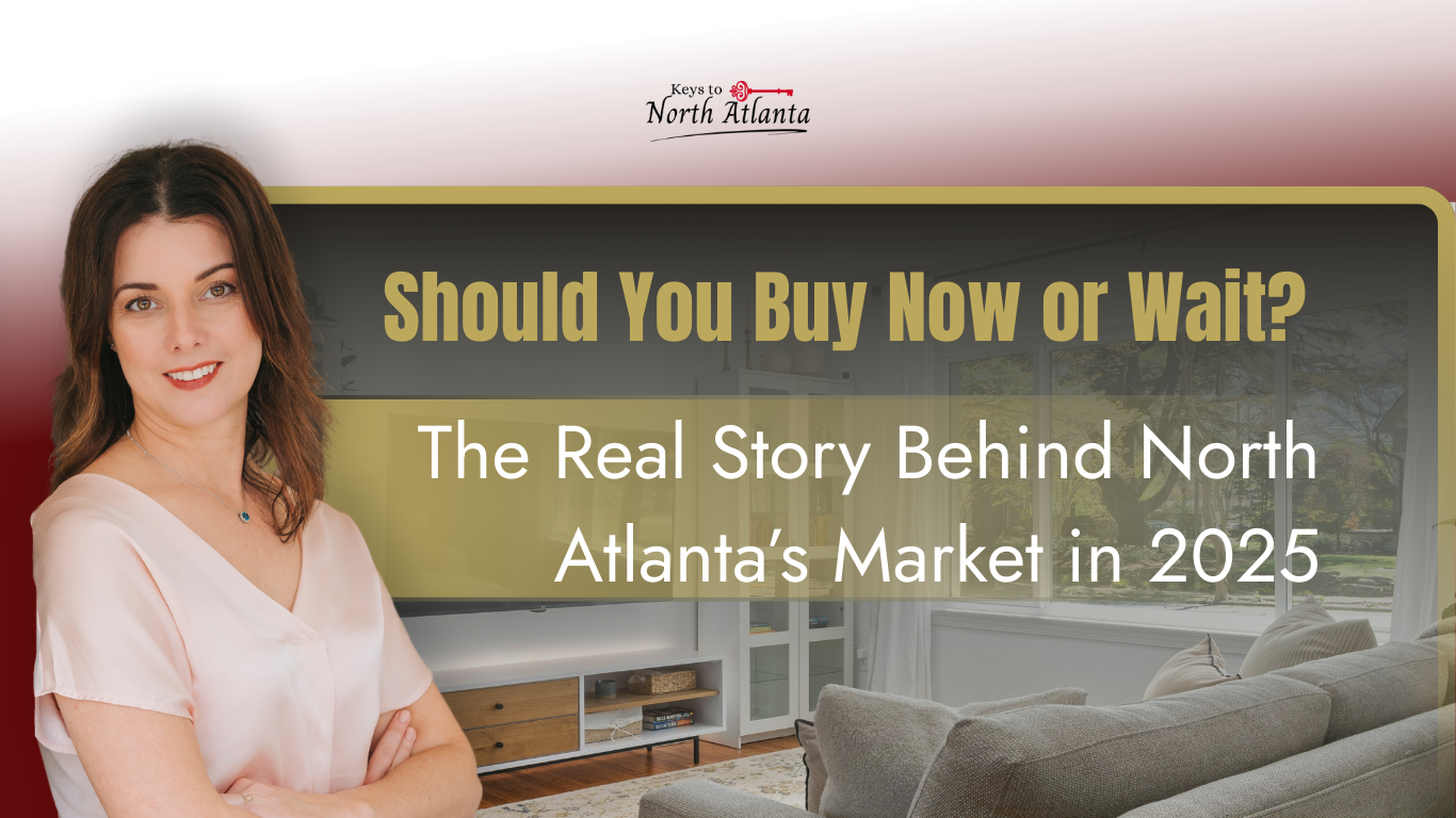 A woman in a light pink shirt in front of a real estate graphic about North Atlanta’s market in 2025.