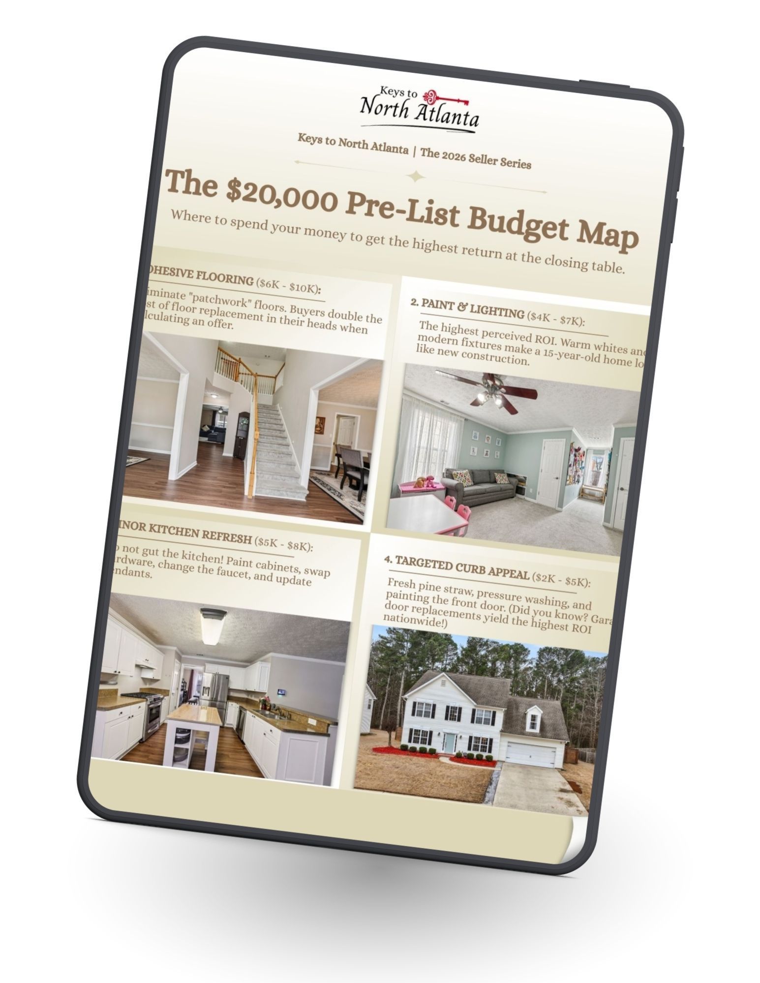 Magazine page titled “The $20,000 Pre-List Budget Map” showing home staging and renovation photos
