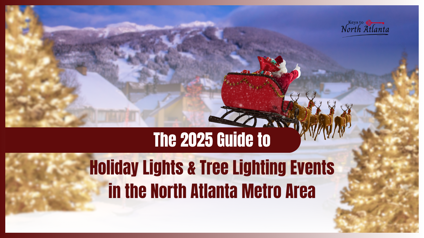 A guide cover for holiday events in North Atlanta featuring Santa's sleigh over a snowy village.