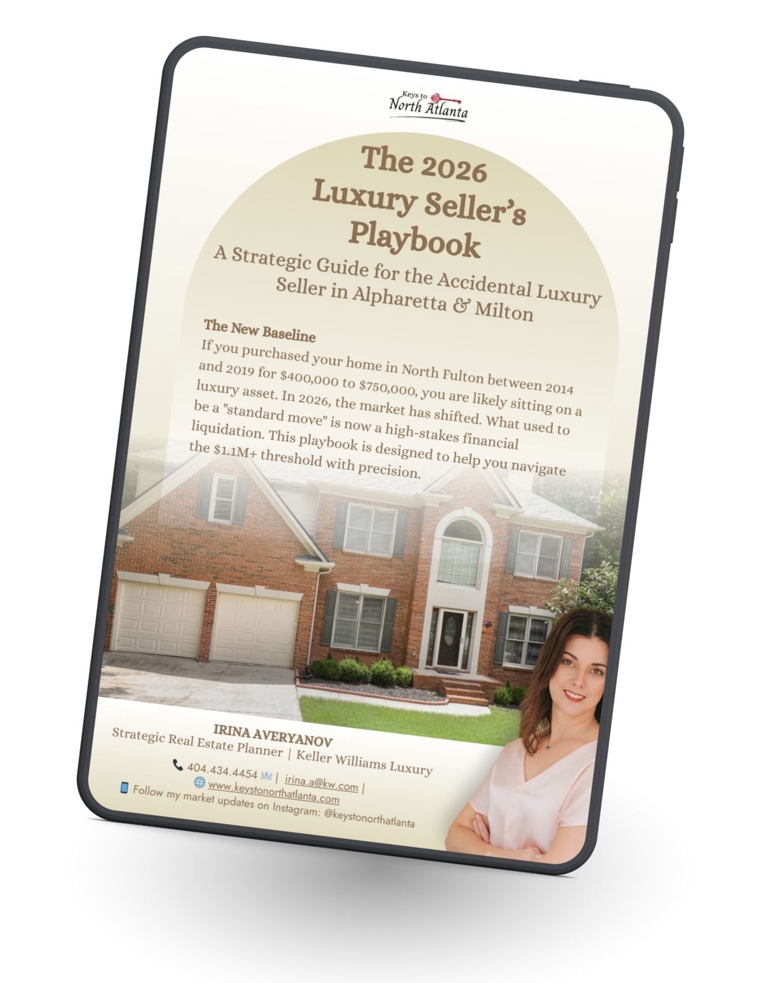 The 2026 Luxury Seller’s Playbook ebook cover with a house and portrait of a smiling woman