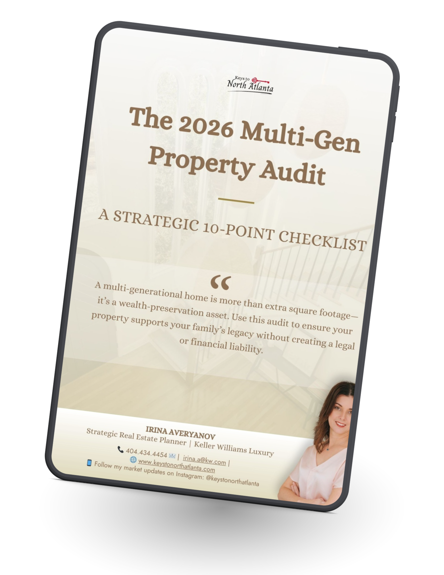 Tilted booklet cover titled “The 2026 Multi-Gen Property Audit” with beige background and a woman in the corner