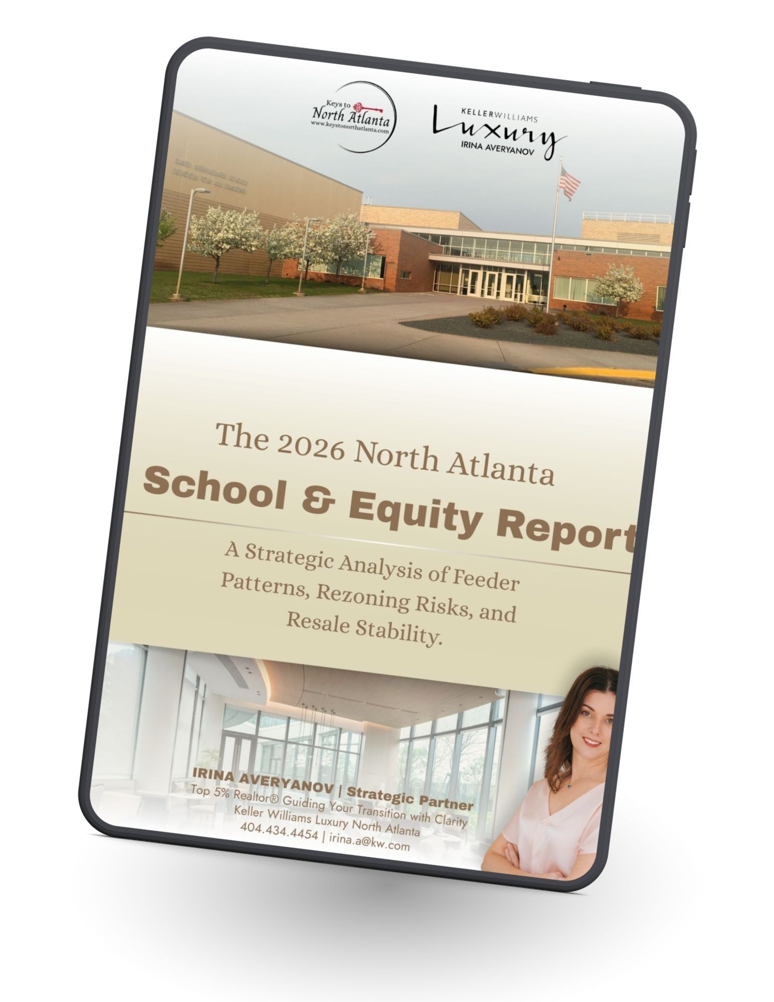 Cover of the 2026 North Atlanta School Equity Report on a tablet, with school building photos and logo.