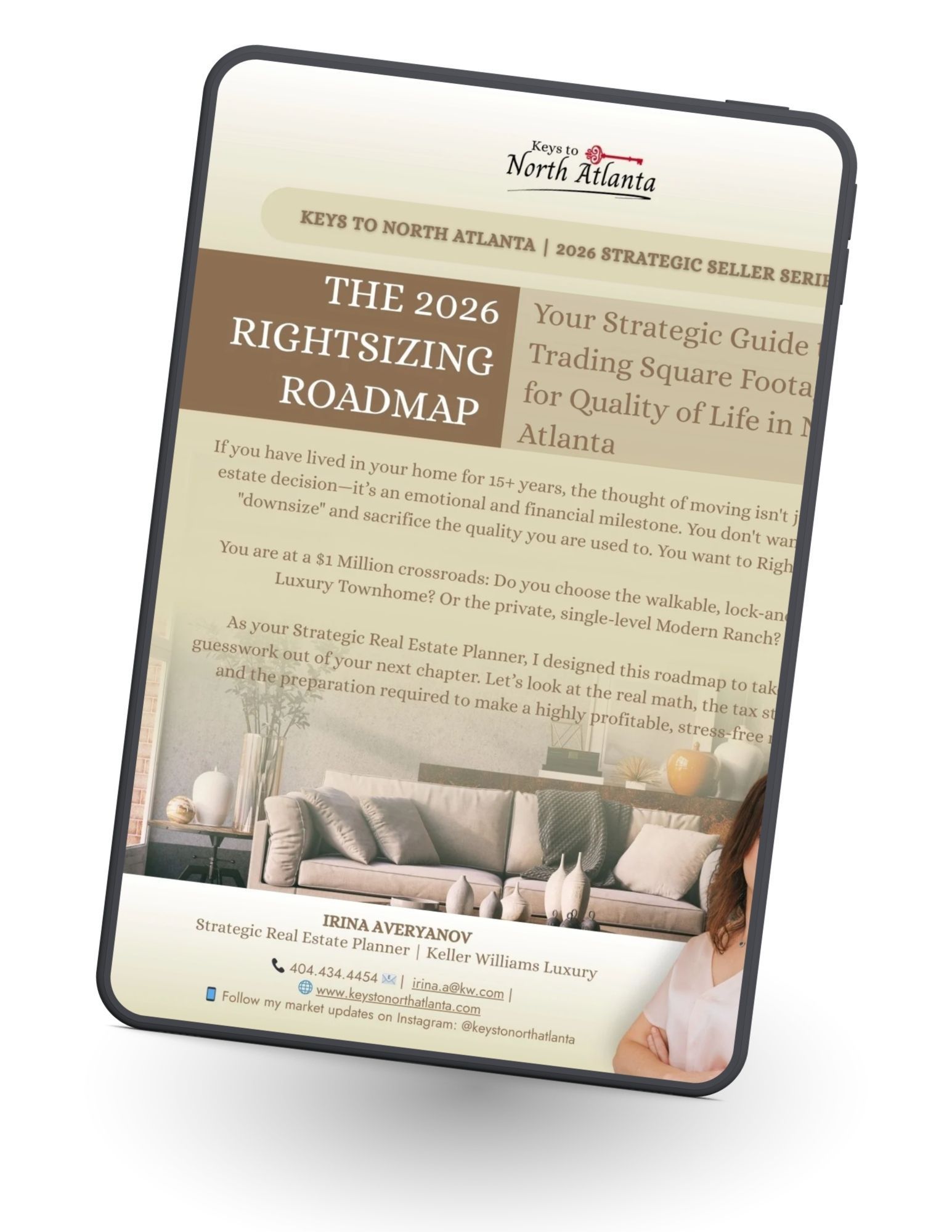 Promotional flyer for “The Guy’s Rightsizing Roadmap” with a living room sofa background