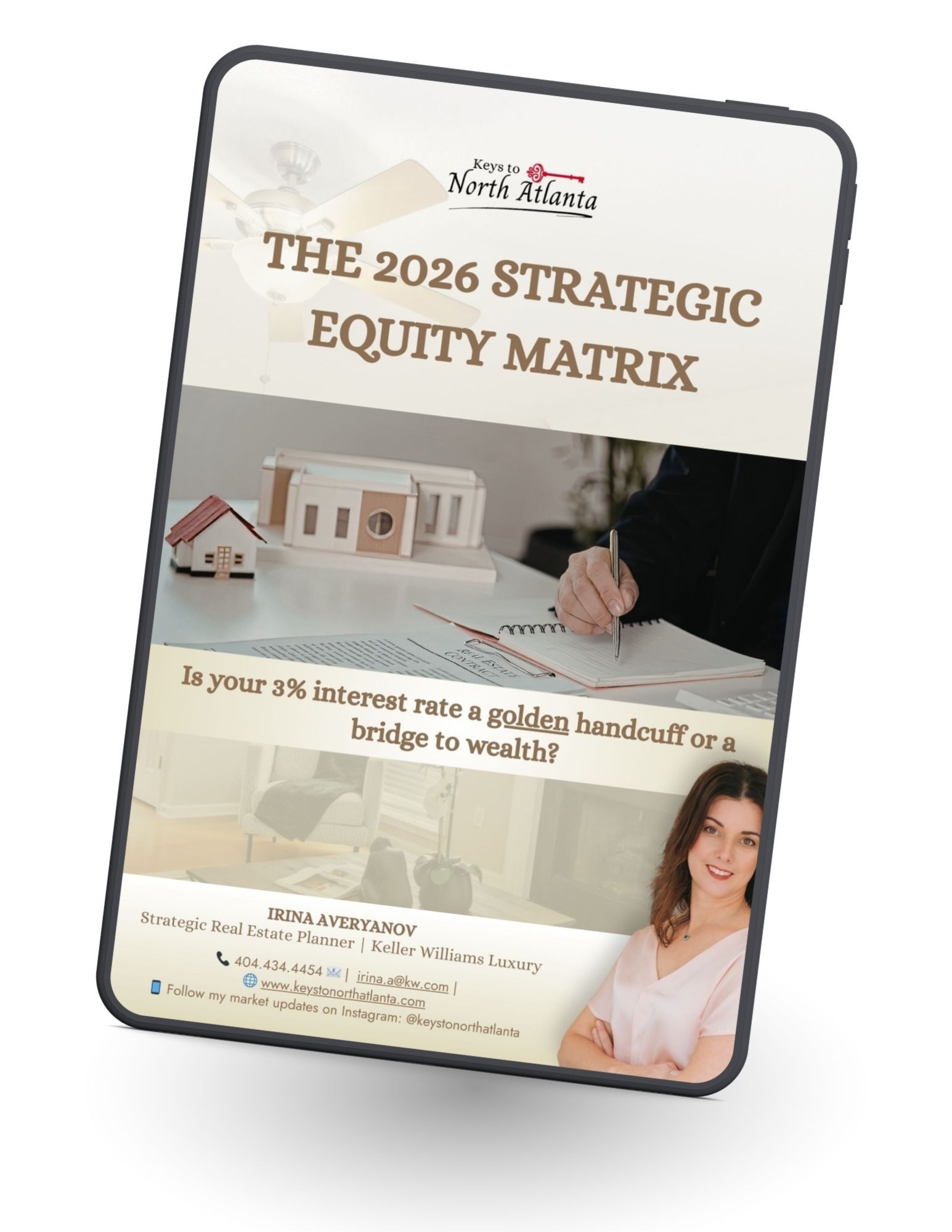 Promotional cover titled “The 2026 Strategic Equity Matrix” with a house graphic and smiling woman at bottom right
