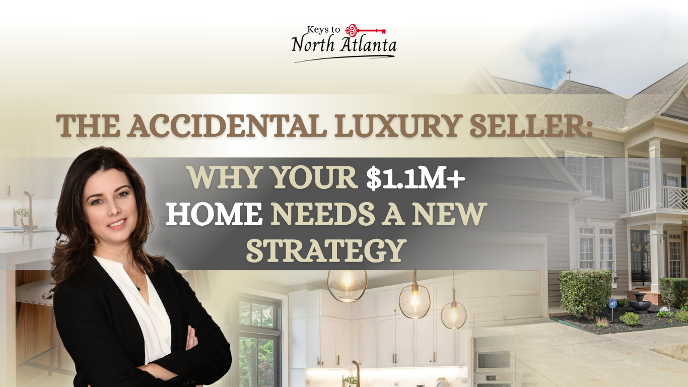 A real estate advertisement features a professional standing before a luxury home, titled