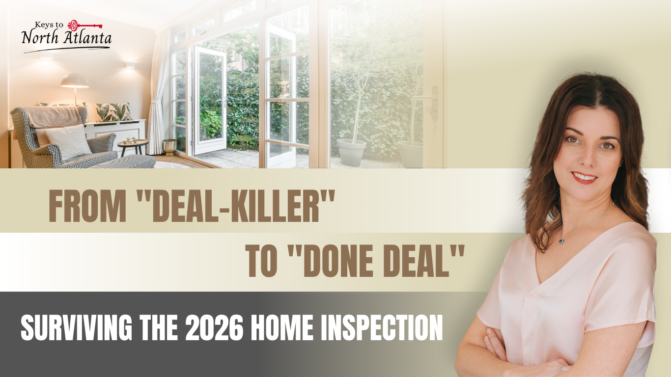 Woman in front of a house interior image and text