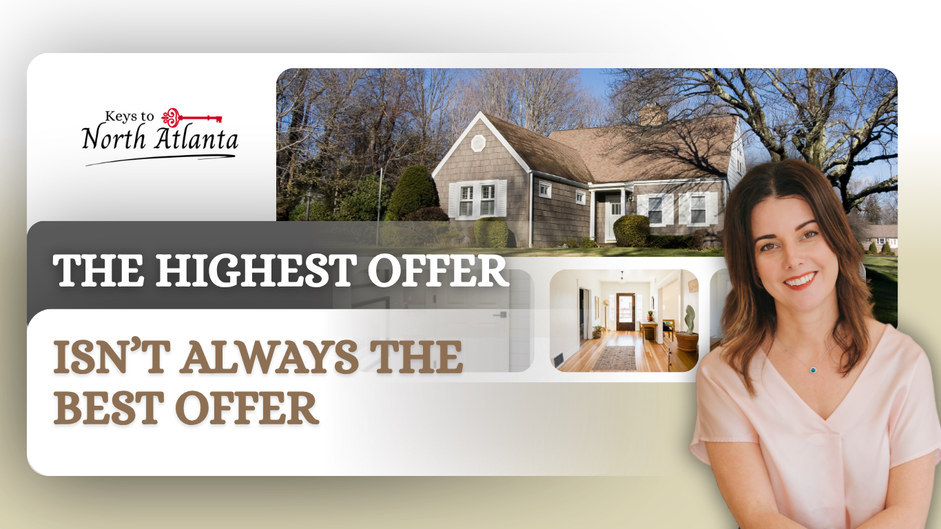 Real estate ad with house, smiling woman, and text: “THE HIGHEST OFFER ISN’T ALWAYS THE BEST OFFER”