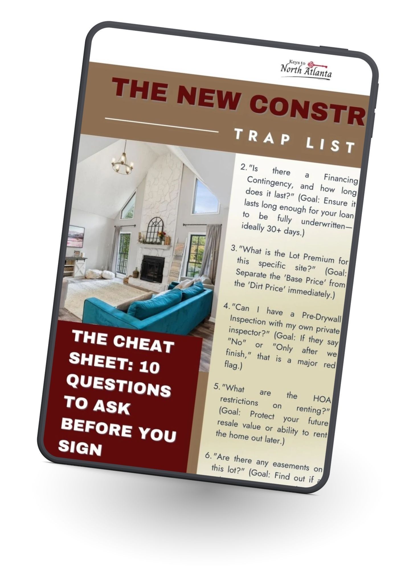 Book cover titled “The New Construction Trap List” with a red “The Cheat Sheet” banner and checklist page.