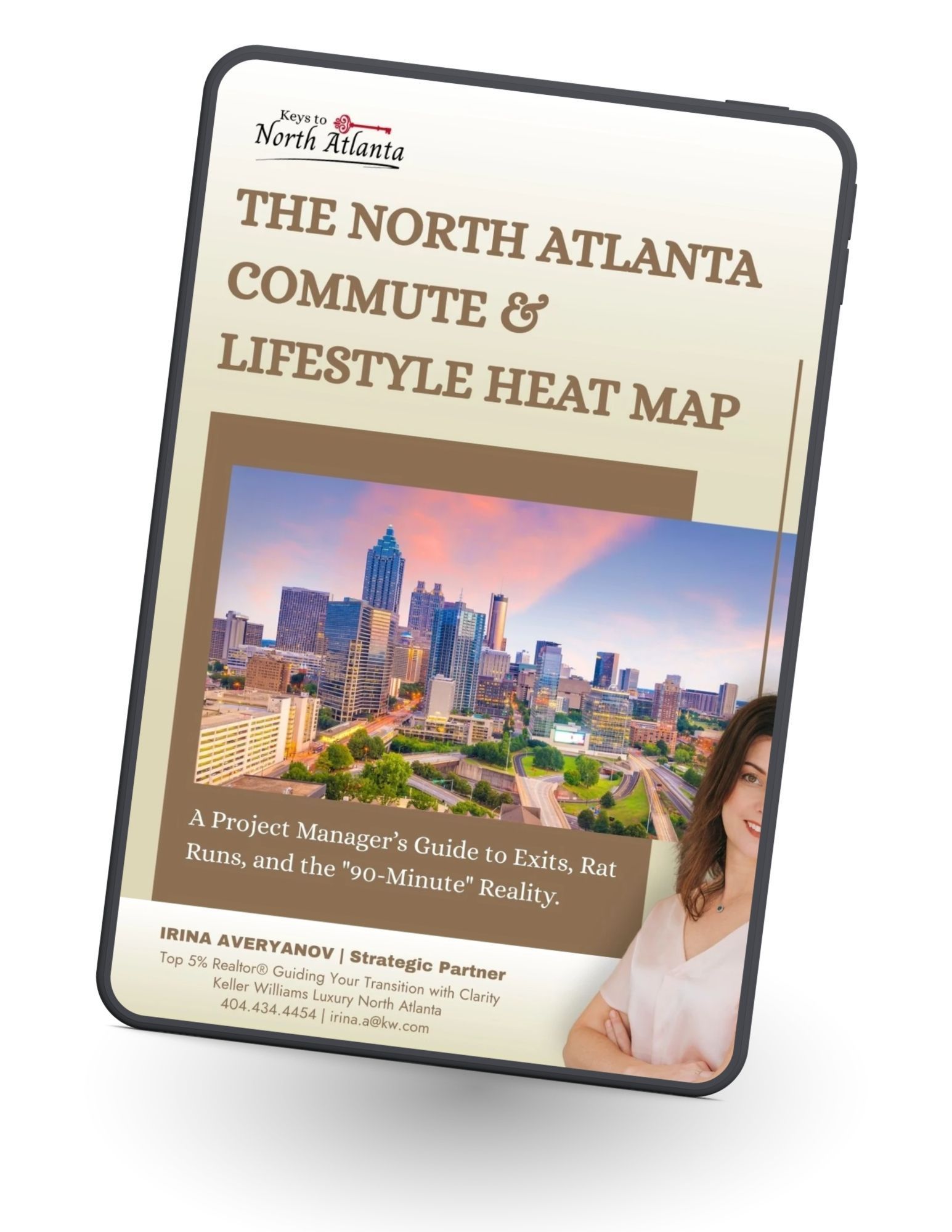 Book cover titled “The North Atlanta Committee & Lifestyle Heat Map” with city skyline and woman portrait