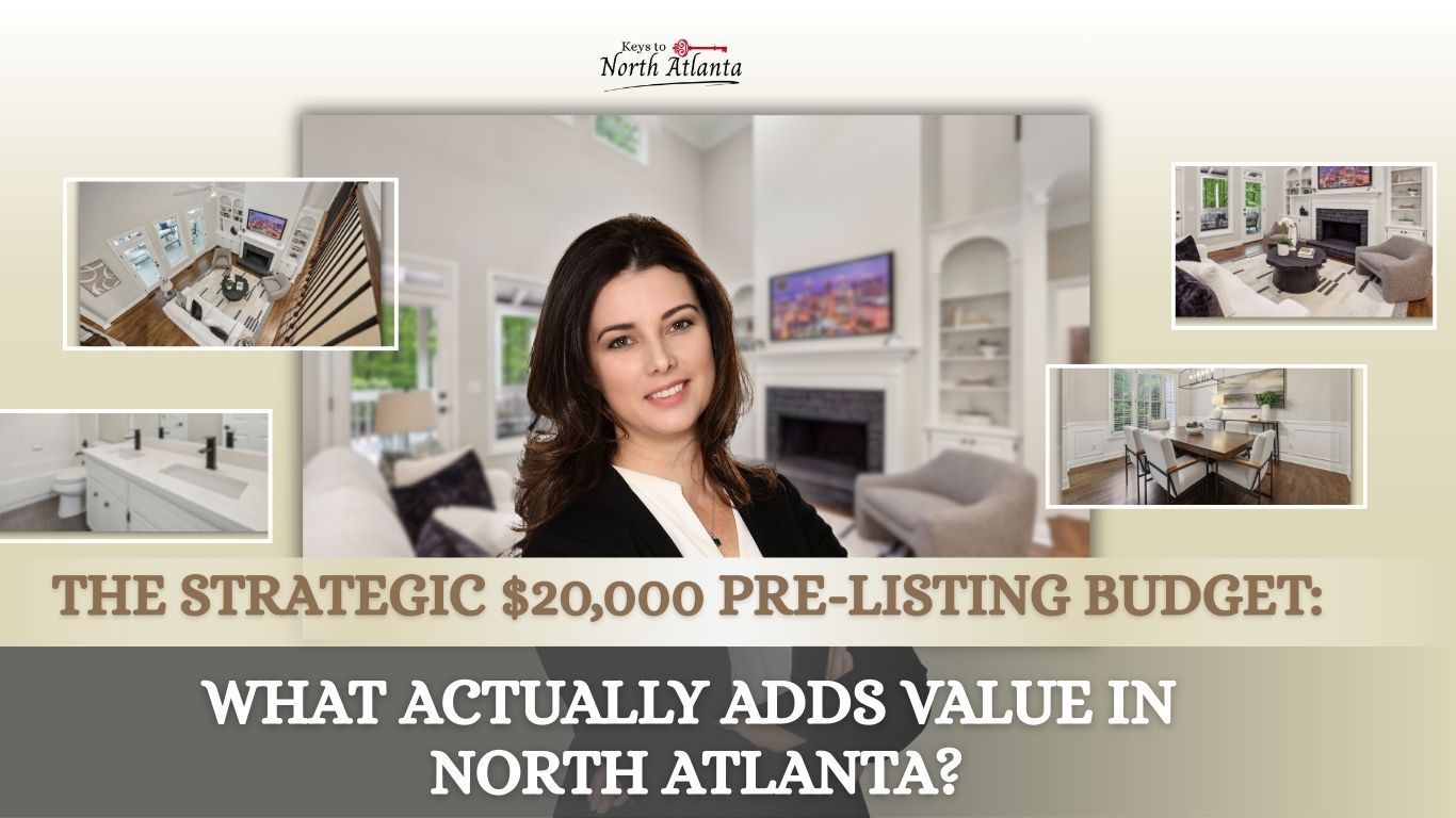 A professional realtor stands before house photos with text about a $20,000 pre-listing budget for North Atlanta homes.