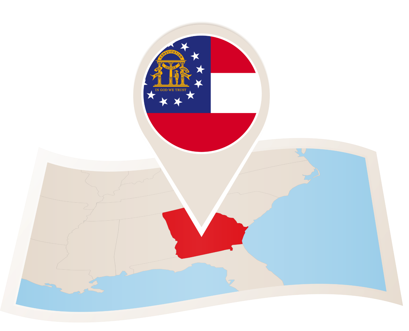 Map of Georgia with a pin showing the state flag, red highlighted area.