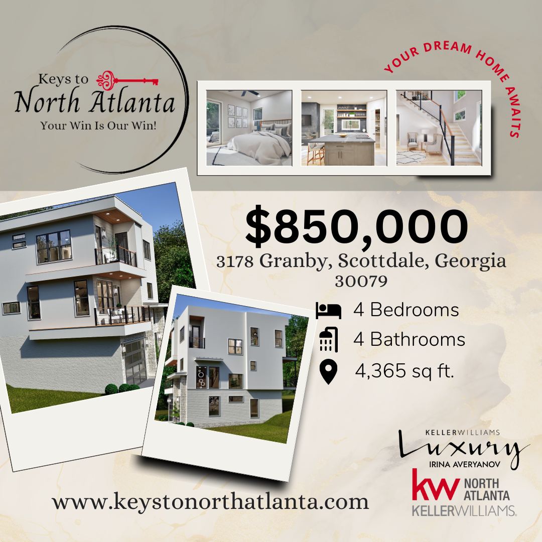 Real estate advertisement: $850k home in Scottdale, GA. Features: 4 beds, 4 baths, 4,365 sq ft.