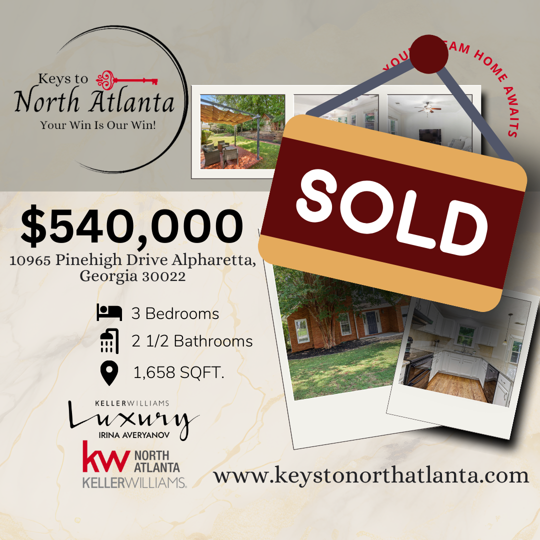 Real estate advertisement: Sold house for $540,000 in Alpharetta, GA, with 3 bedrooms, 2.5 bathrooms, and 1,638 sq ft.
