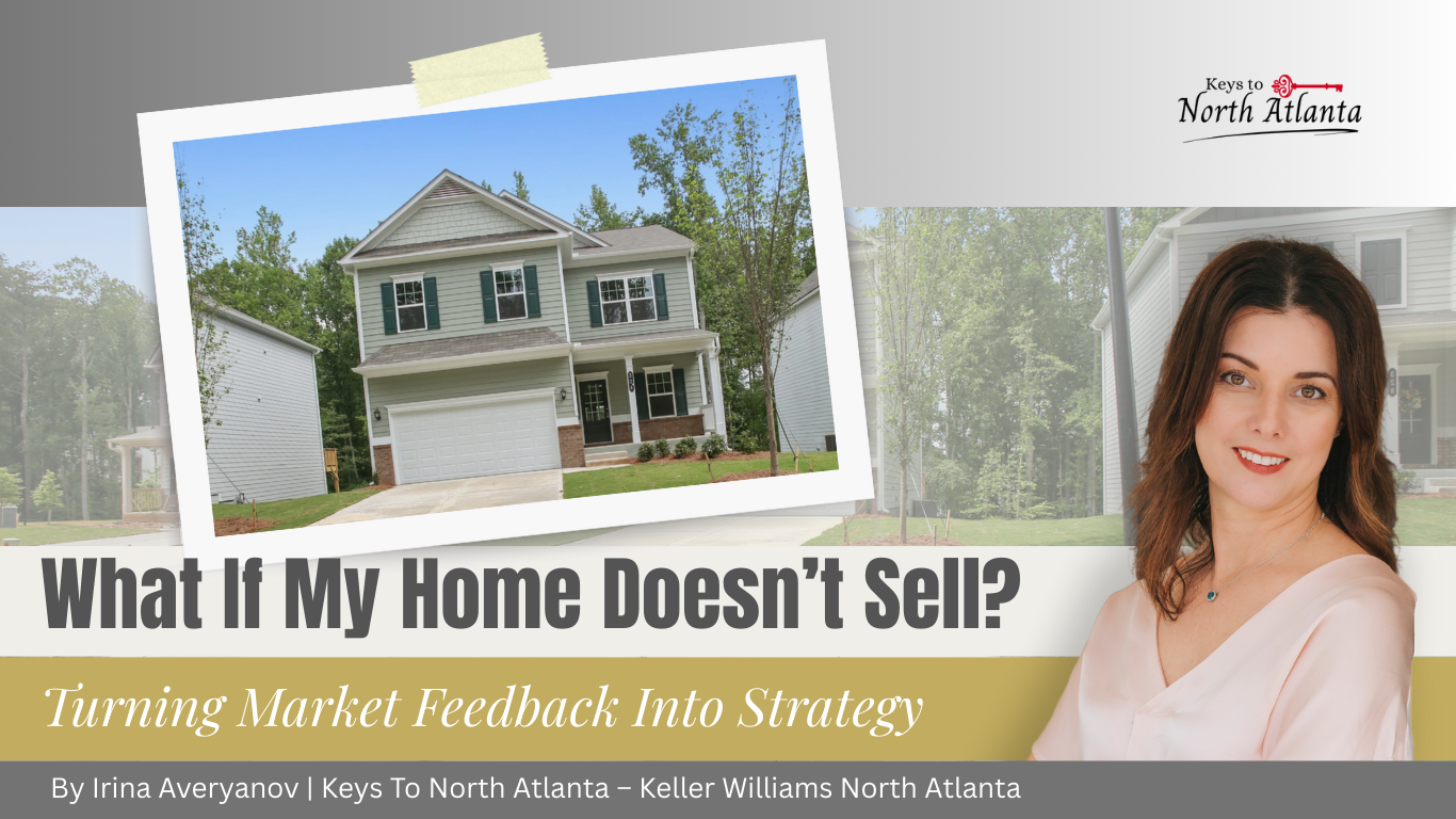Woman in a tan top next to a photo of a home. Text says: What If My Home Doesn't Sell?