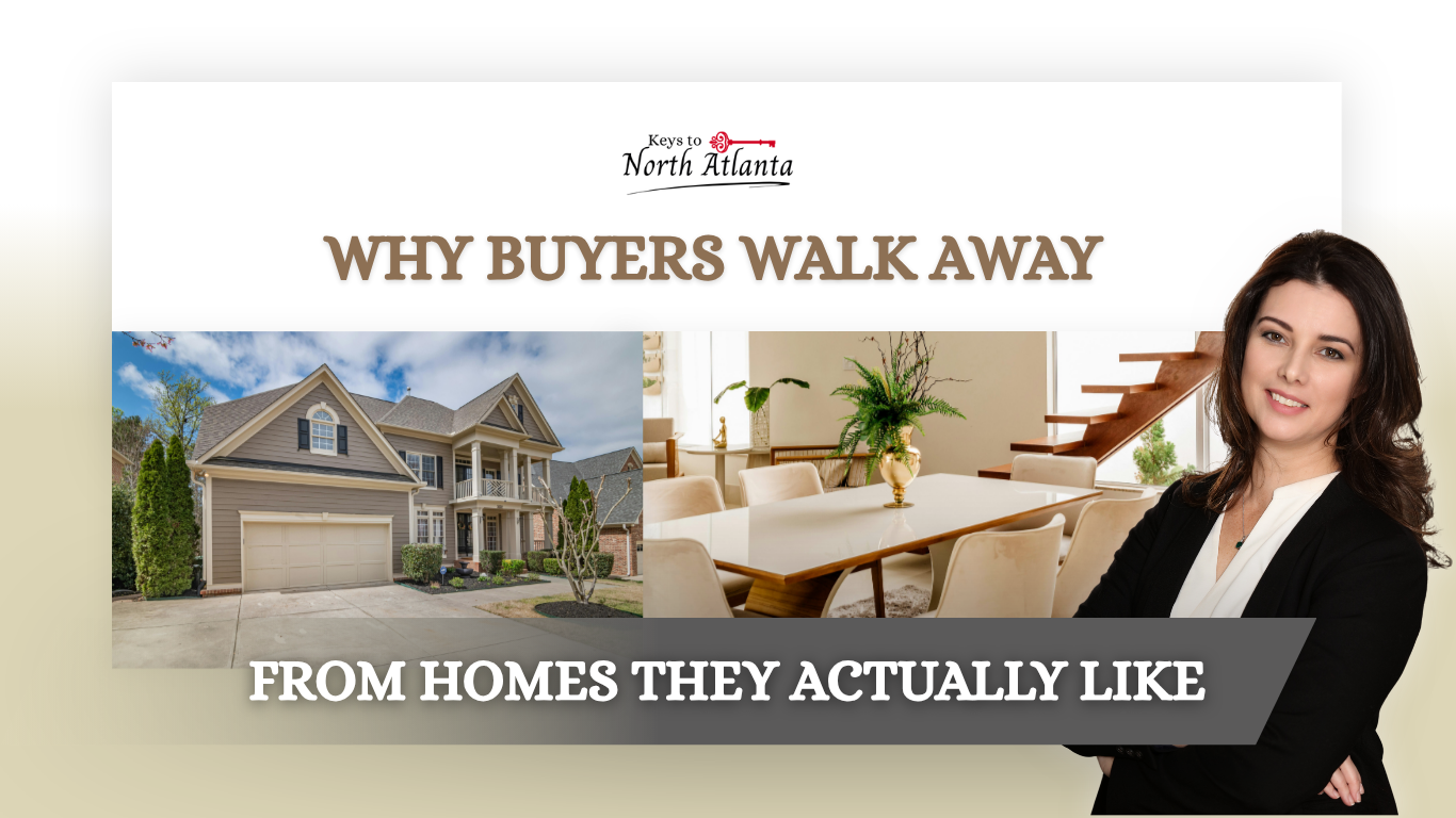 Real estate promo with house, bright interior, and woman on right; text: “Why buyers walk away from homes they actually like”