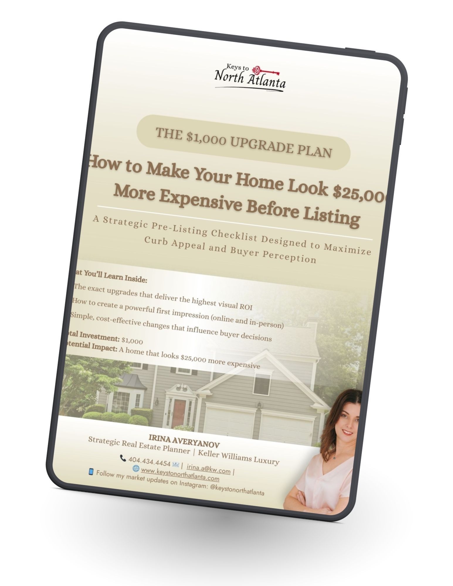 Tilted beige brochure titled “How to Make Your Home Look $26,000 More Expensive Before Listing.”