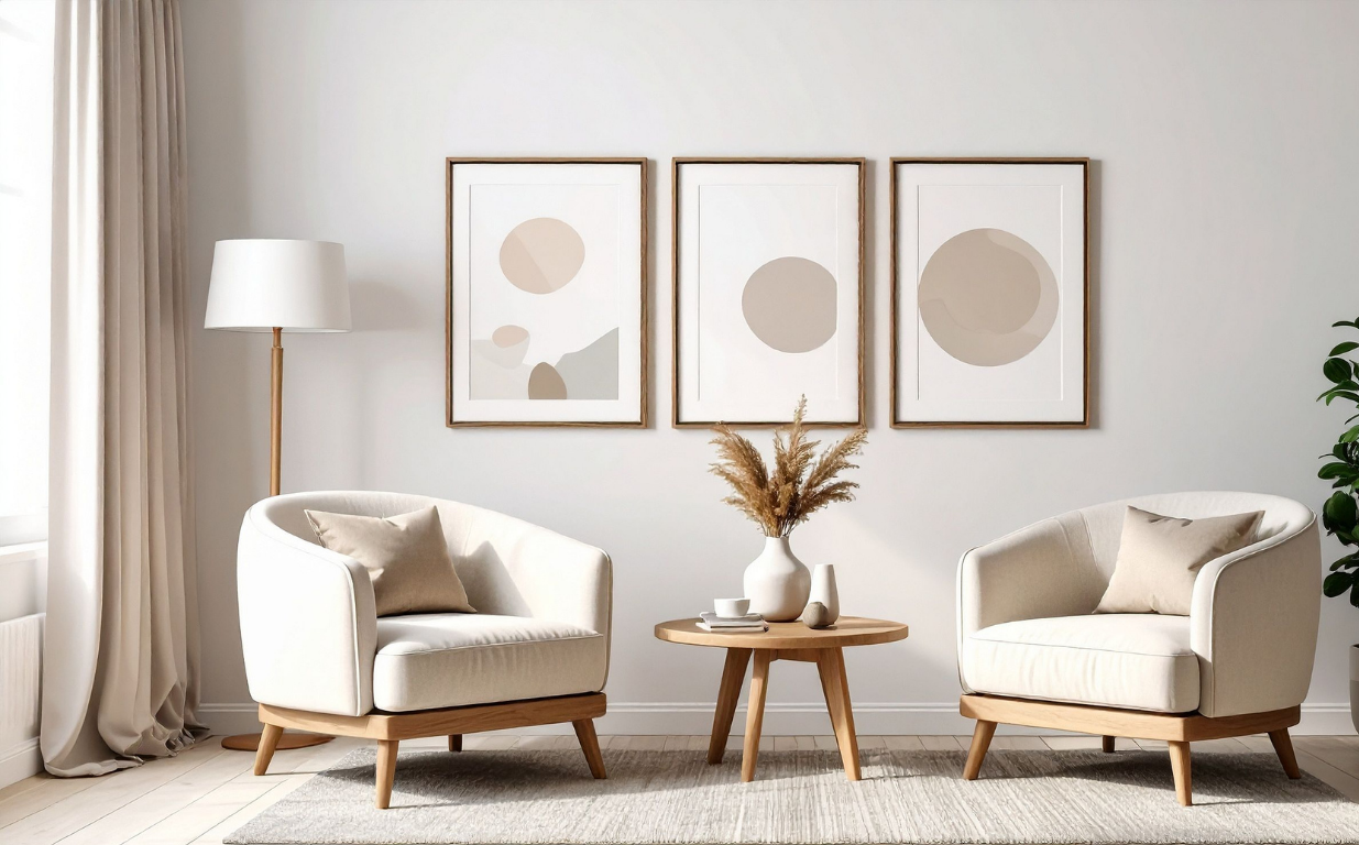 Two cream armchairs face each other, with a small table and artwork on the wall. Neutral tones.