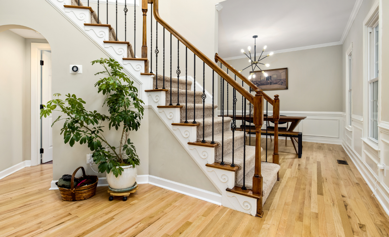 Interior view of a staircase and dining area with hardwood floors and a large plant.